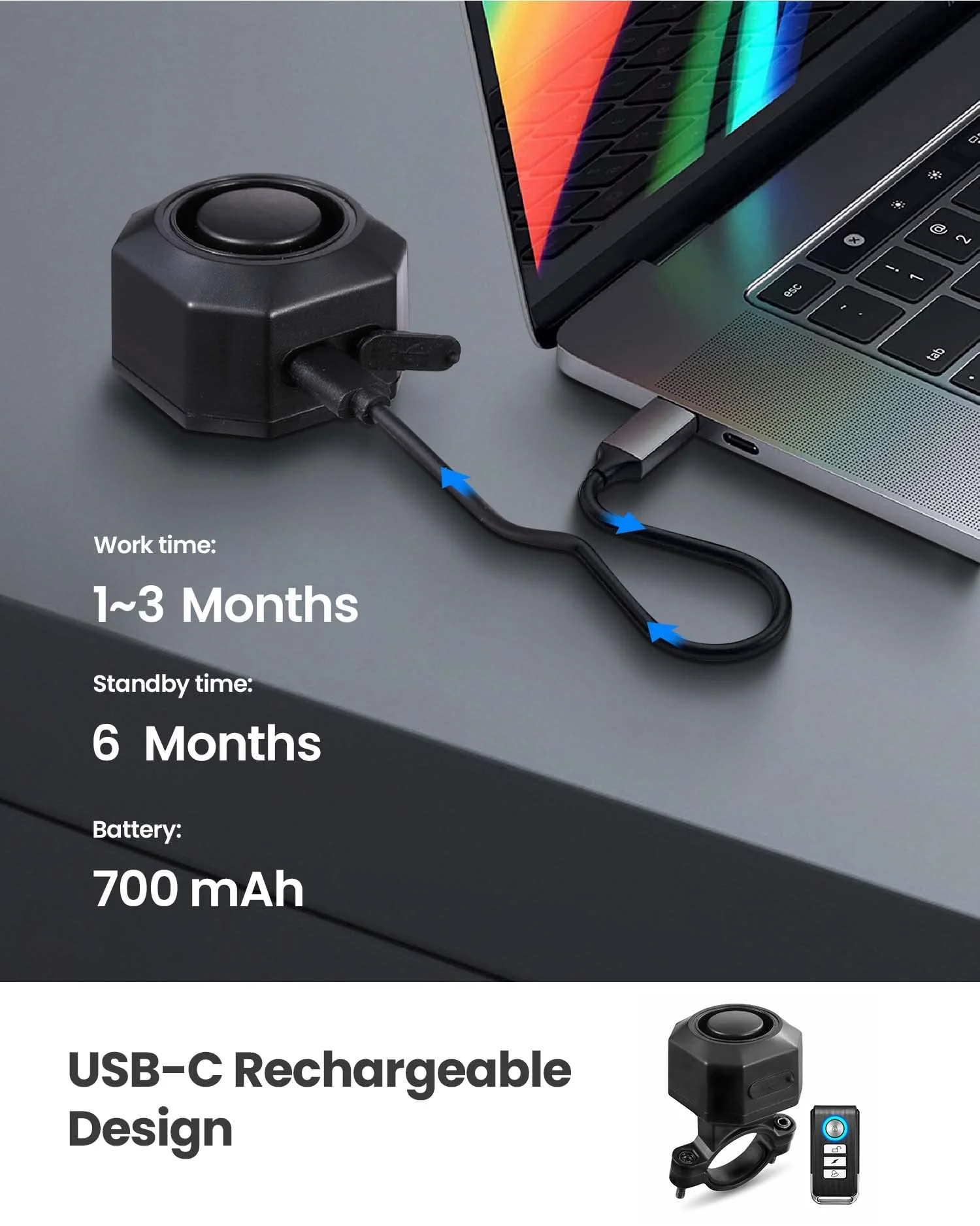 Bike Alarm with Remote, 110dB Wireless Anti-Theft Vibration Motorcycle Alarm, Door, Window & Vehicle Security Alarm System, Adjustable Sensitivity & Volume, USB-C, Waterproof, Programmable - Image 5