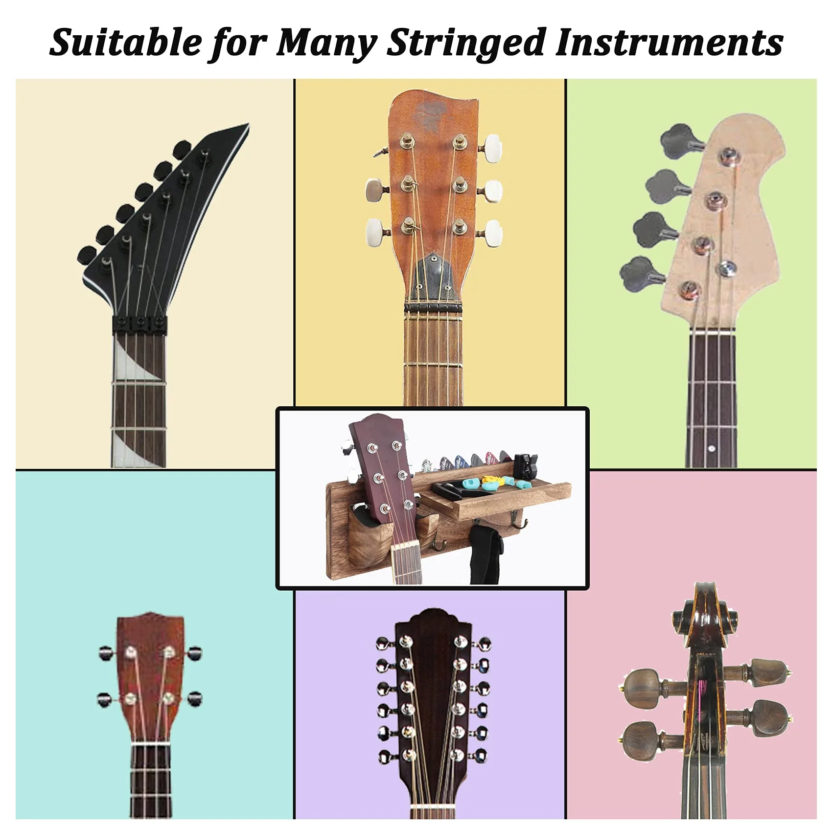 Bikoney Wall Mount Guitar Hanger Shelf with Pick Holder and 3 Hooks - Carbonized Black Guitar Holder for Acoustic, Electric, Bass, Ukulele [U.S. Patent] - Image 5