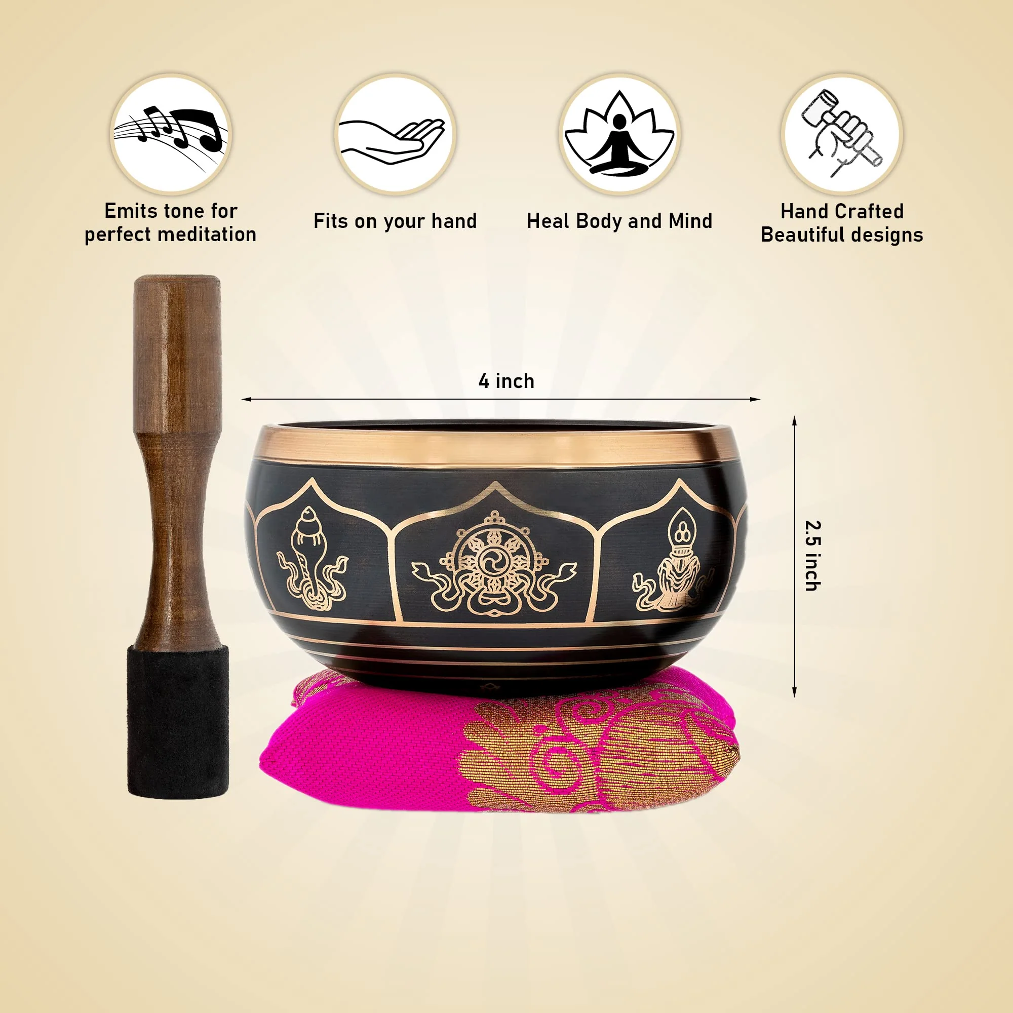 BimBamBom Singing Bowls β Hand Crafted Tibetan Singing Bowl w/Mallet & Cushion, Meditation Bowl For Yoga and Holistic Healing, Stress Relief, Brass 4β Auspicious Symbol Deep Sound Prayer Bowl Pink - Image 2