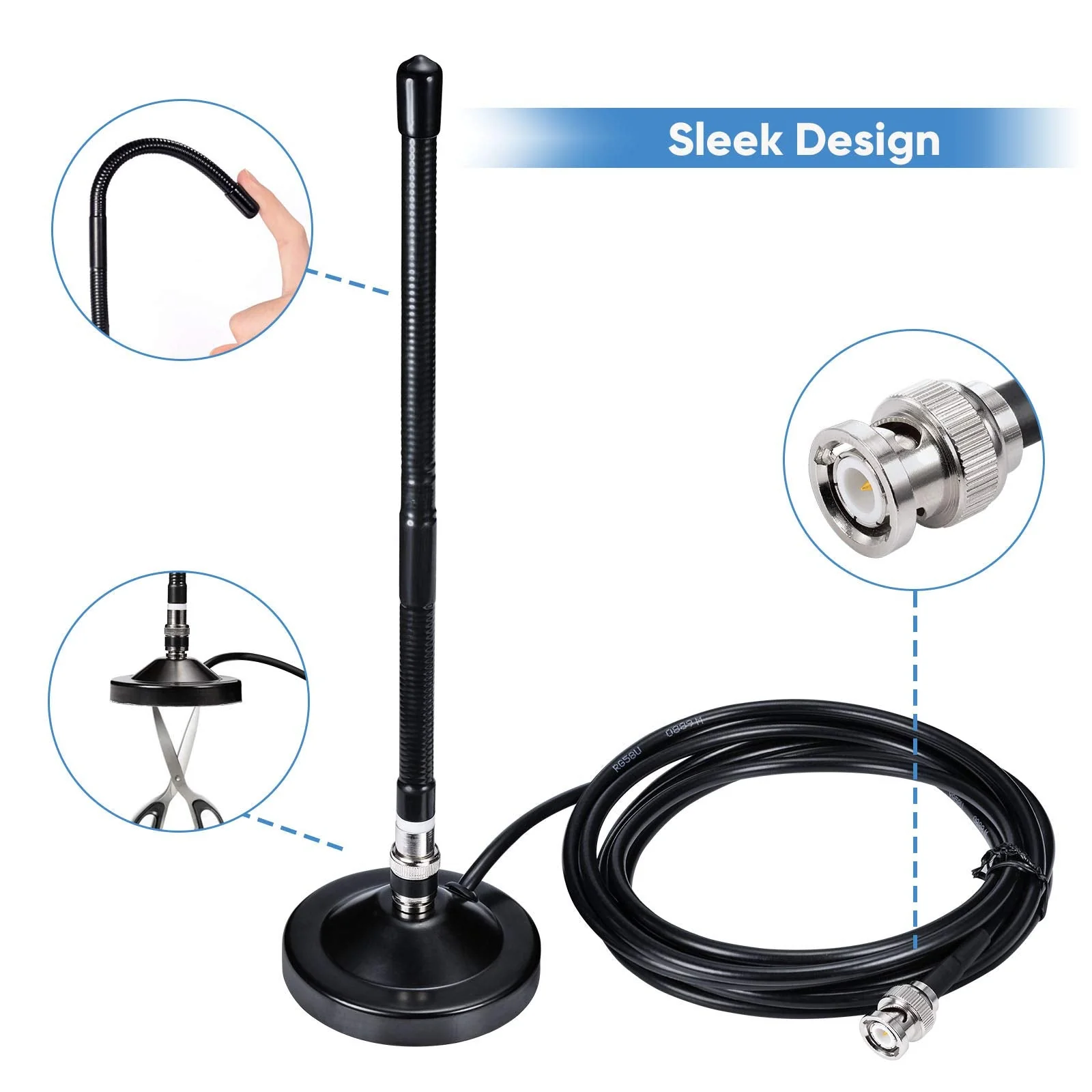 Bingfu Magnetic Base CB Antenna 27MHz with BNC & PL259 Male Connector for Cobra Midland Uniden Maxon President Handheld Portable CB Radio, Mobile Police Scanner - Compact Antenna Design - Image 2