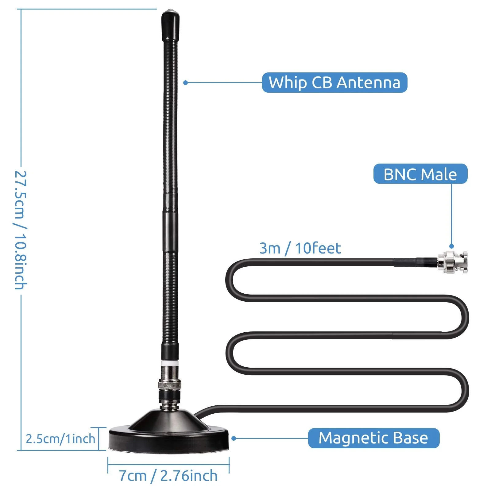 Bingfu Magnetic Base CB Antenna 27MHz with BNC & PL259 Male Connector for Cobra Midland Uniden Maxon President Handheld Portable CB Radio, Mobile Police Scanner - Compact Antenna Design - Image 6
