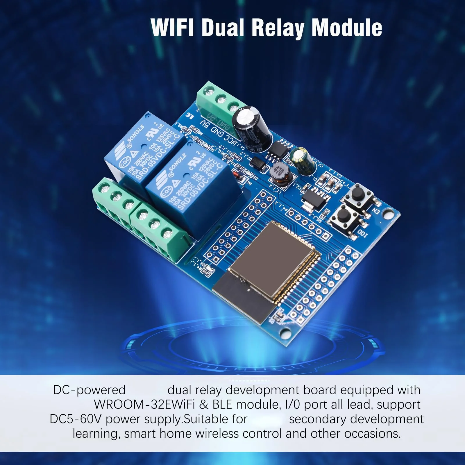 Binghe ESP Relay 2-Channel Module, ESP-32 Relay Development Board with 4 MB Flash Dual WiFi DC5-60V Power Supply for Secondary Development Learning (LC-Relay-ESP32-2R-D5) - Image 4