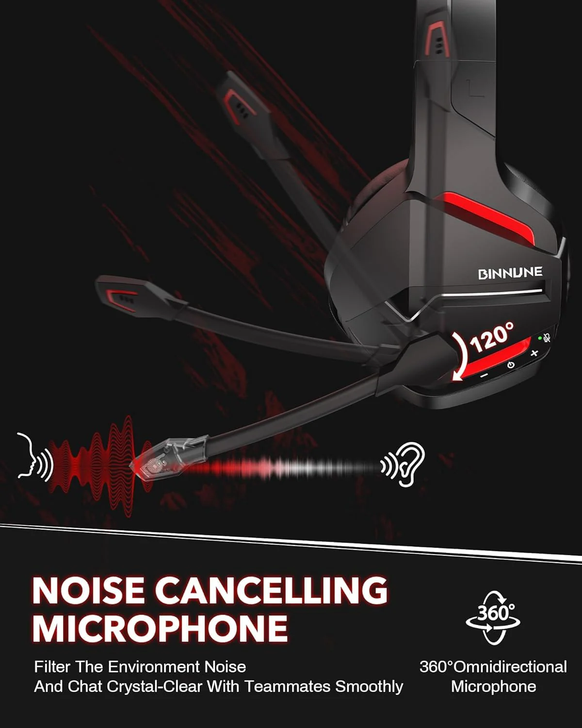 BINNUNE Wireless Gaming Headset for PS5 PC, 120H Ultra-Long Battery, 2.4GHz & Bluetooth 5.3 Wireless Headphones with Noise Canceling Mic, 50mm Drivers, Comfort Over Ear Headphones, Black - Image 5