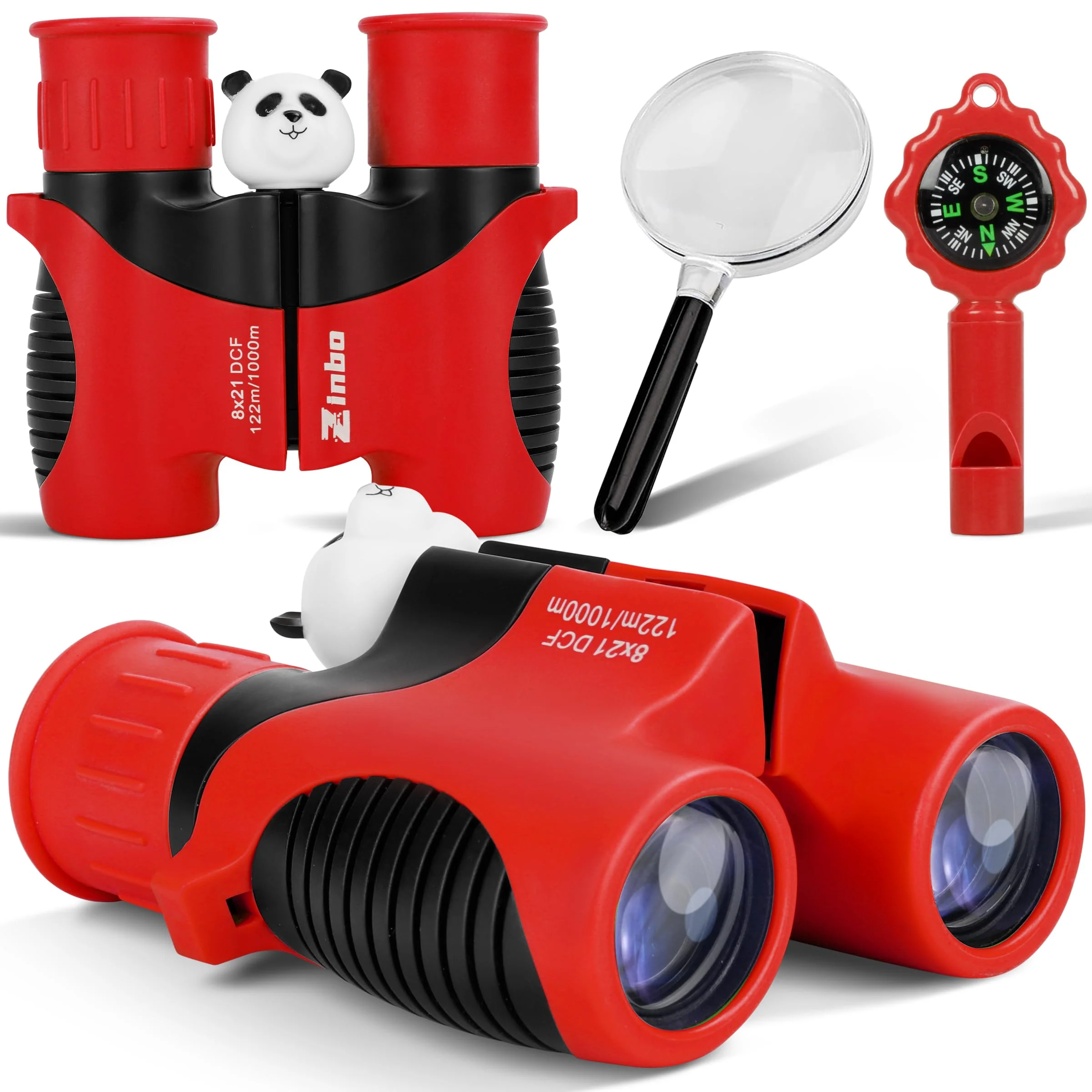 Binoculars for Kids 8x21 High-Resolution Real Optics with Magnifying Glass & Whistle Compass, Kids Binoculars for 3-12 Years Boys and Girls, Best Kids Toys for Outdoor Bird Watching, Hiking, Travel Red