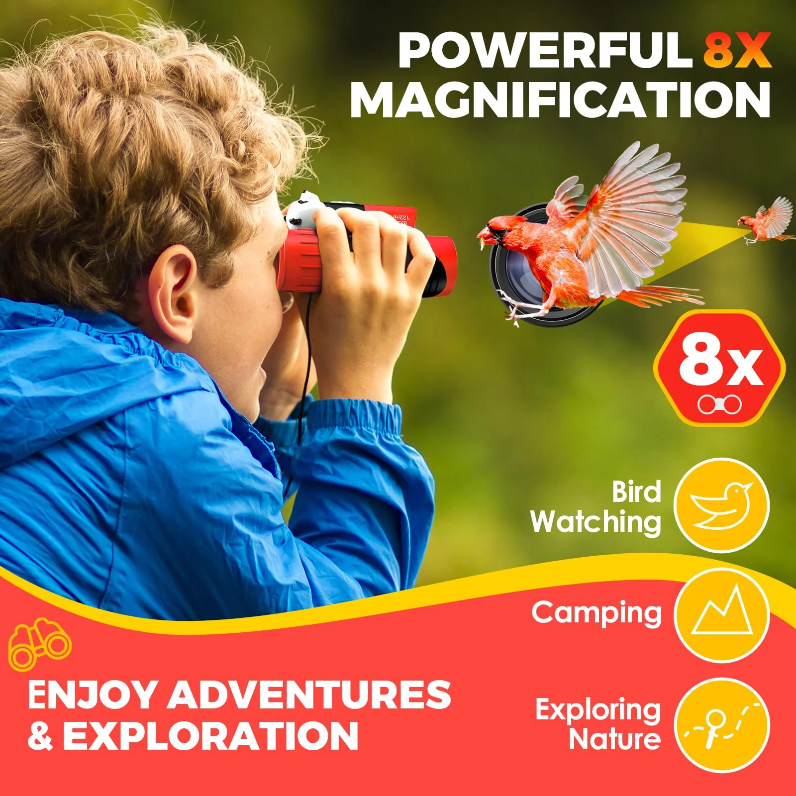 Binoculars for Kids 8x21 High-Resolution Real Optics with Magnifying Glass & Whistle Compass, Kids Binoculars for 3-12 Years Boys and Girls, Best Kids Toys for Outdoor Bird Watching, Hiking, Travel Red - Image 2