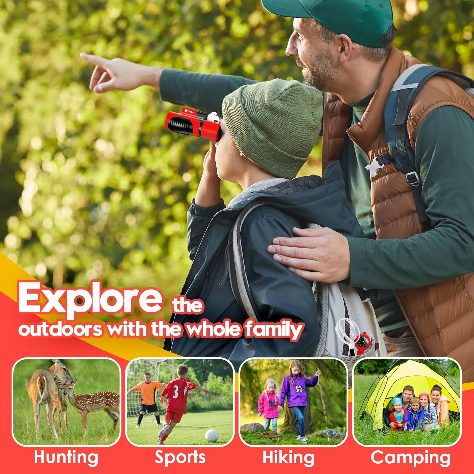 Binoculars for Kids 8x21 High-Resolution Real Optics with Magnifying Glass & Whistle Compass, Kids Binoculars for 3-12 Years Boys and Girls, Best Kids Toys for Outdoor Bird Watching, Hiking, Travel Red - Image 4