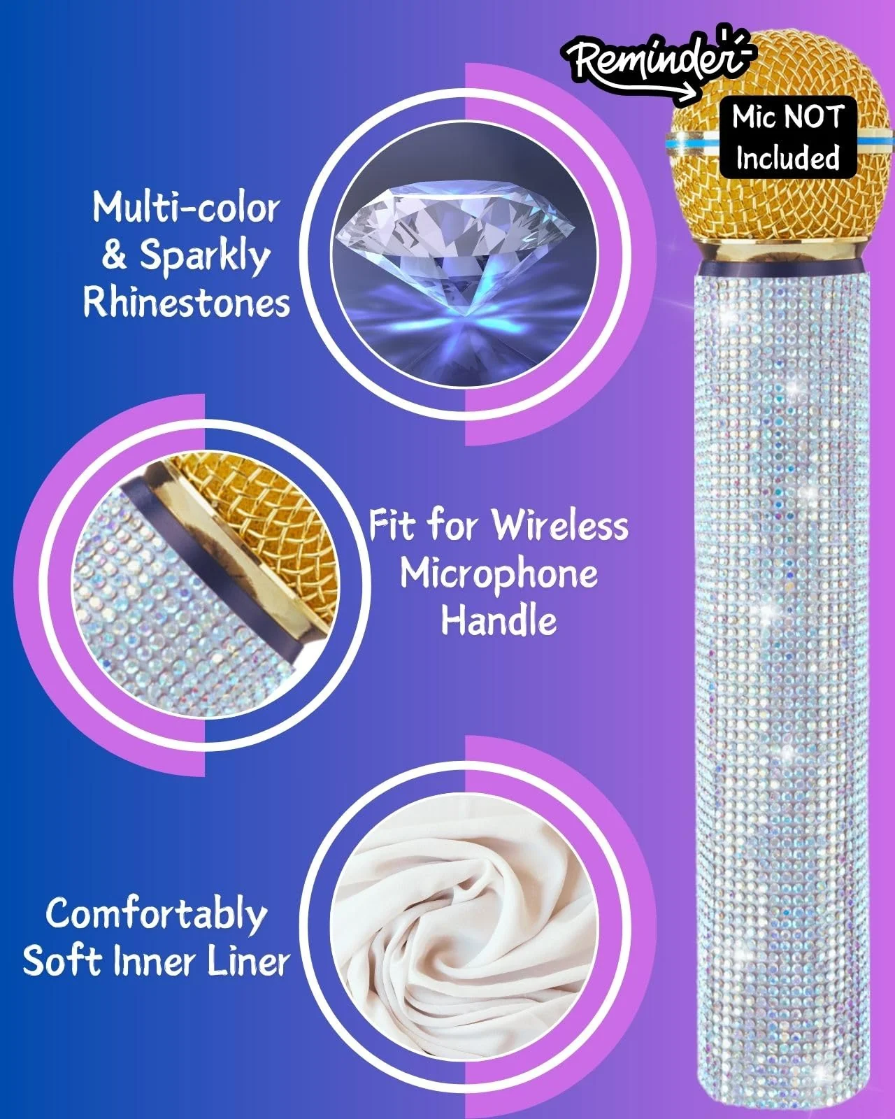 Bling Wireless Microphone Decorate for Universal Handheld and Beta58 SM58 Beta87 PG58, Eyes Catching for Event (Mic NOT Included) Multi Crystal - Image 3