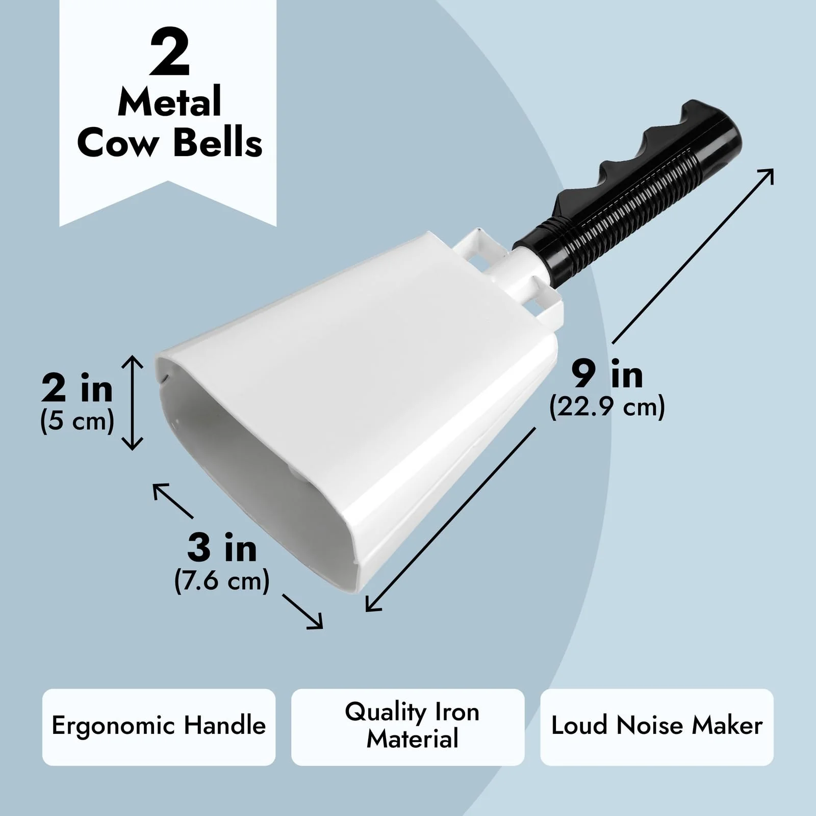 BLUE PANDA - 2 Pack 9-inch Cowbells for Sporting Events, Percussion Noise Makers with Handle for Football Games, Stadiums (White) - Image 4