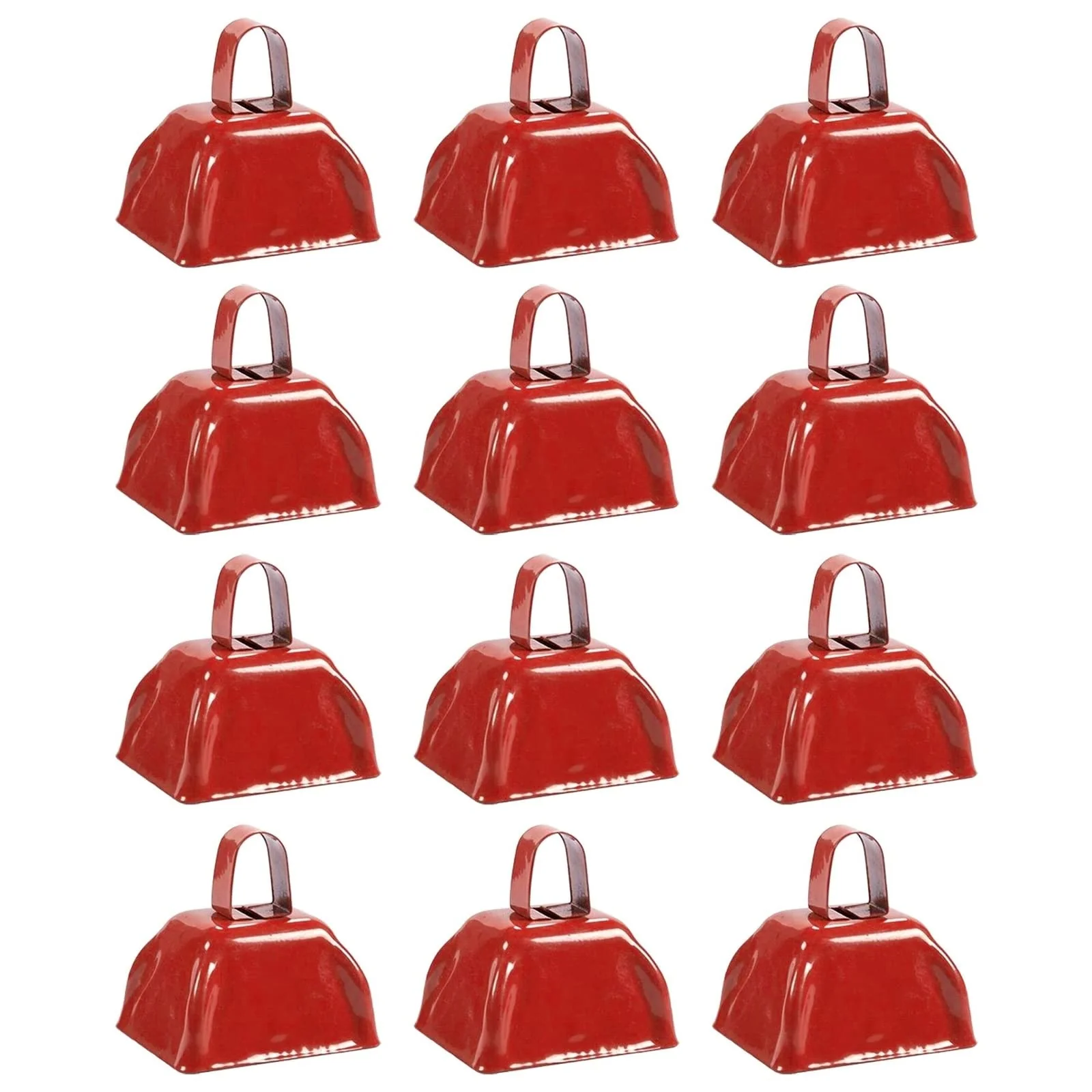 BLUE PANDA Cow Bells for Sporting Events - 3-Inch Red Iron Handheld - Pack of 12 Mini Cowbell Noisemakers - Celebration Cheering Noise Makers