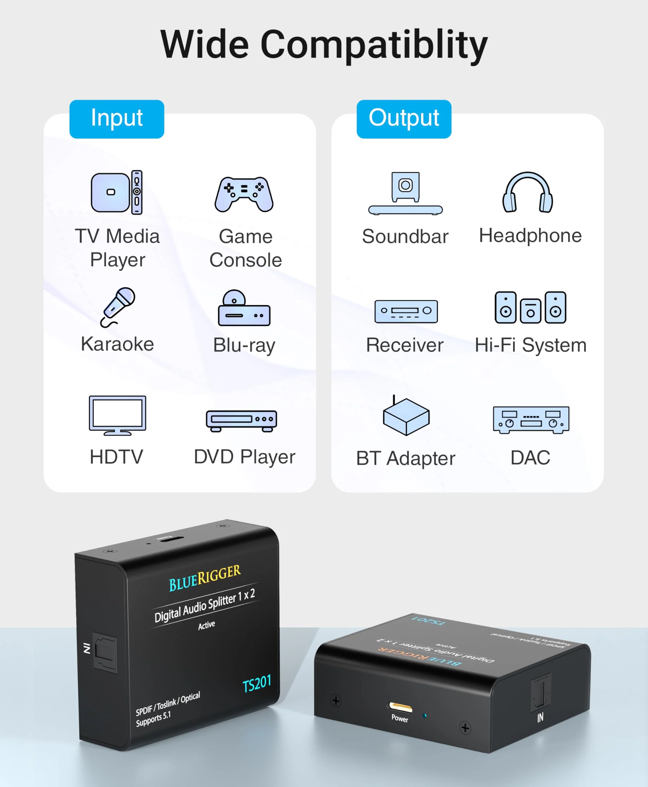 BlueRigger Digital Optical Audio Splitter (Active Toslink Splitter 1 in 2 Out, SPDIF, Fiber Optic Adapter) - Compatible with Home Theatre, Xbox, PS4, DVD, Receiver, TV, LPCM2.0, DTS, Dolby Digital Active 1x2 - Image 8