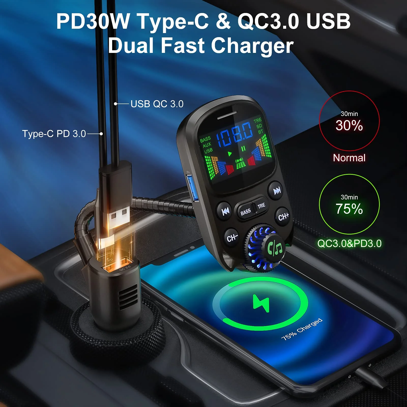 Bluetooth 5.3 FM Transmitter for Car SOARUN Bluetooth Car Adapter PD30W & USB Port Fast Charge, HiFi Treble & Bass Player, 1.6" Display Hands-Free Calling Truck Radio with AUX Input/Output, TF Card Beige - Image 3
