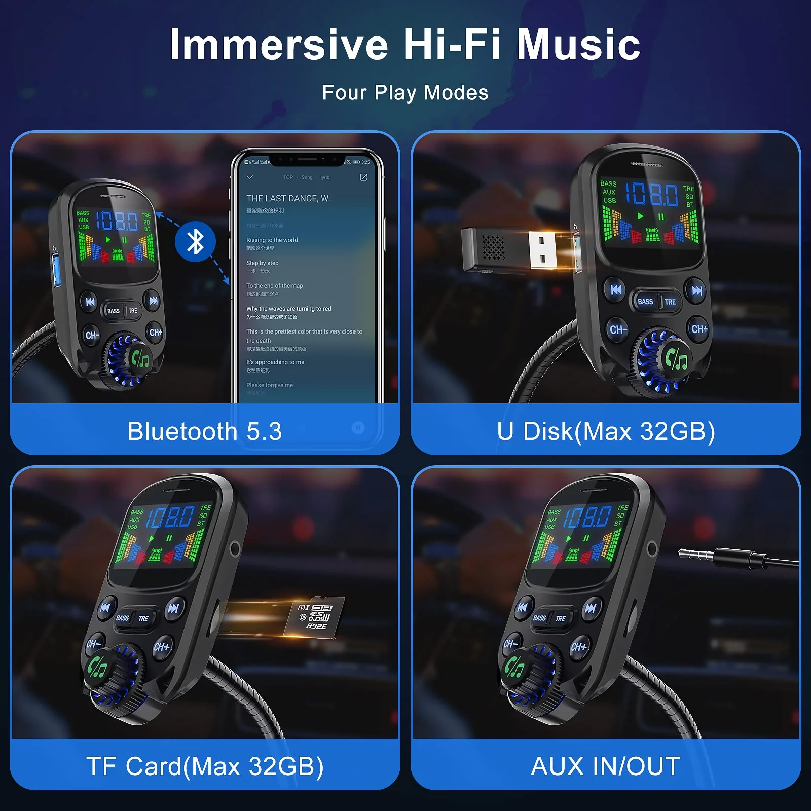 Bluetooth 5.3 FM Transmitter for Car SOARUN Bluetooth Car Adapter PD30W & USB Port Fast Charge, HiFi Treble & Bass Player, 1.6" Display Hands-Free Calling Truck Radio with AUX Input/Output, TF Card Beige - Image 5