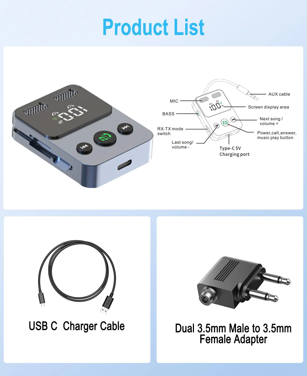 Bluetooth 5.3 Transmitter Receiver, 2-in-1 Adapter for Airplane, Bluetooth Transmitter for 3.5mm Aux Jacks Headphone, TV, Home Stereo, Speakers, Headphone, Car, Dual Connection - Image 7