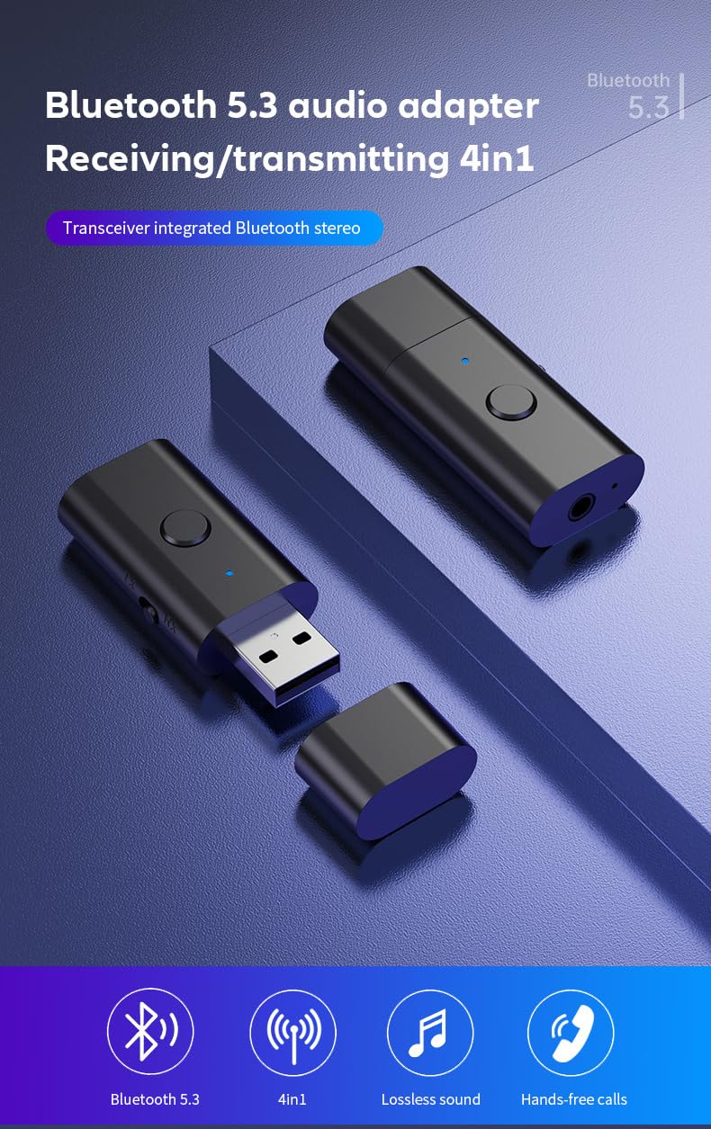 Bluetooth 5.3 Transmitter Receiver, 3.5mm Aux Wireless USB Adapter, Low Latency, Built in Mic, Music Streaming, Handsfree Calls, Driver Free- for TV, PC, Home/Car Stereo, Headphones, Speakers - Image 3