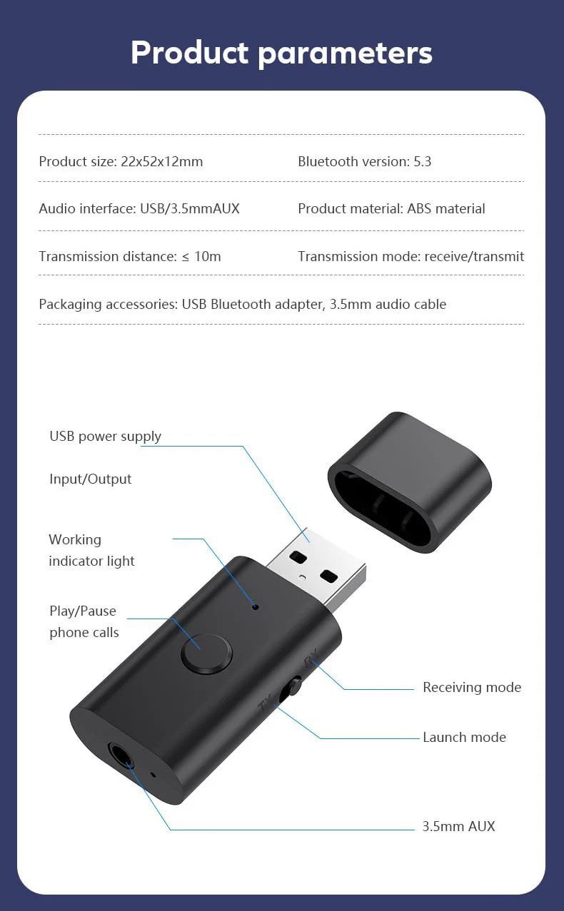 Bluetooth 5.3 Transmitter Receiver, 3.5mm Aux Wireless USB Adapter, Low Latency, Built in Mic, Music Streaming, Handsfree Calls, Driver Free- for TV, PC, Home/Car Stereo, Headphones, Speakers - Image 9