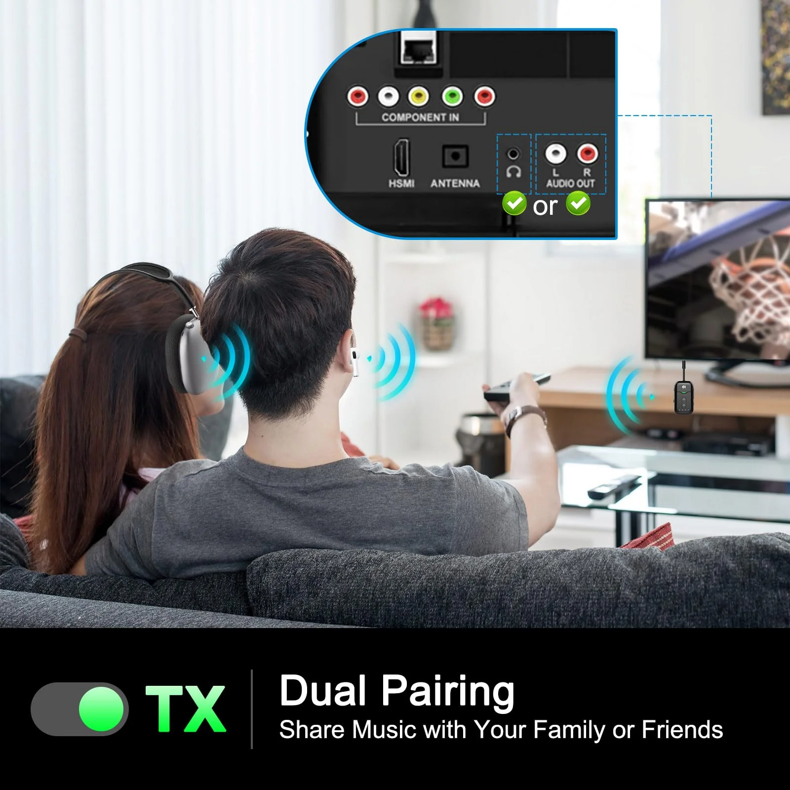 Bluetooth 5.4 Transmitter Receiver,2-in-1 Bluetooth Adapter for Airplane,Bluetooth Transmitter for TV,Gym, Up to 2 AirPods/Headphones,Wireless Audio Adapter with aptX LL for Travel & Home/Car Stereo Black - Image 6