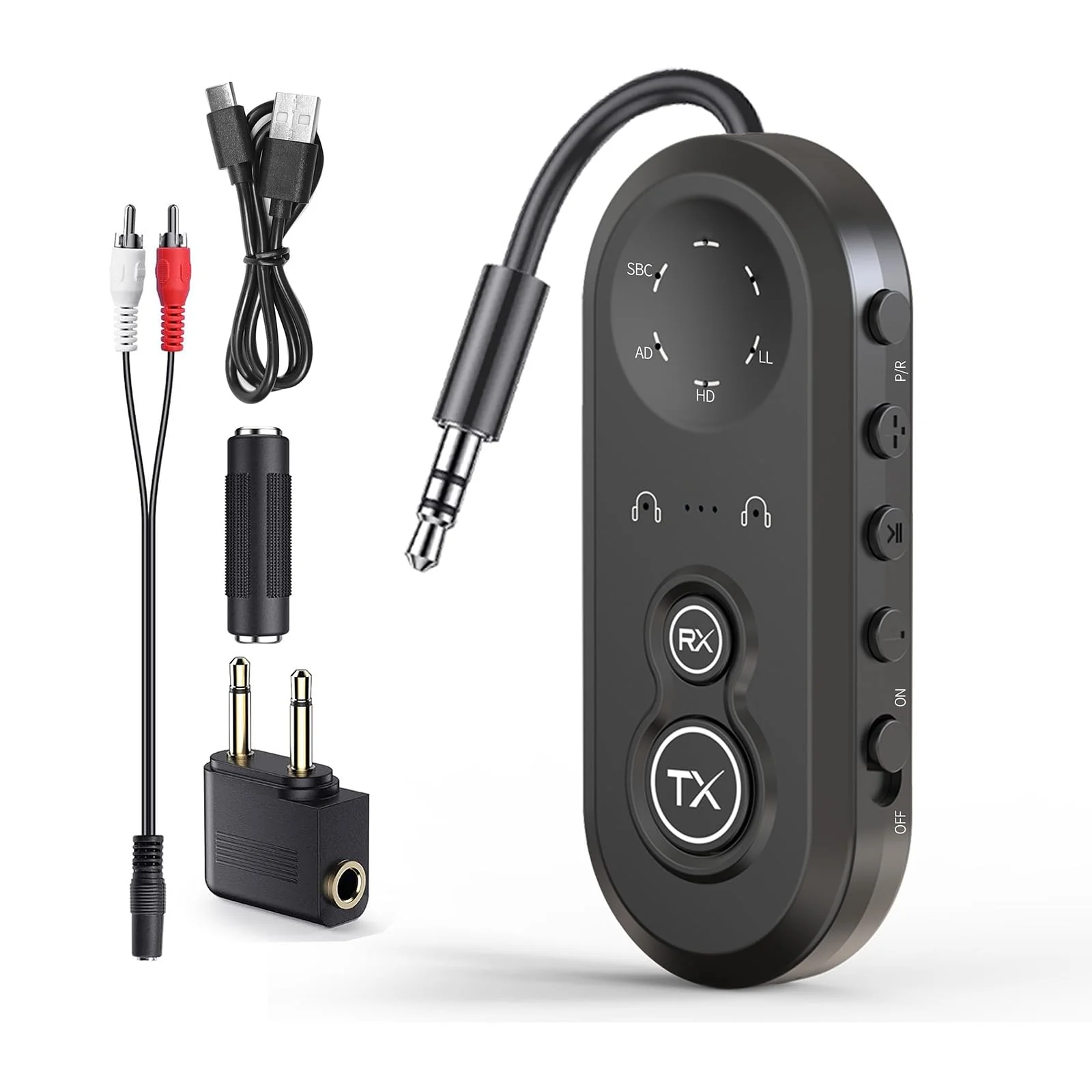 Bluetooth 5.4 Transmitter Receiver for 2 Airpods or Headphones, Airplane Bluetooth Adapter with aptX Low Latency, 20Hr Playtime, 3.5mm Audio AUX Jack for Flight,TV,PC,Gym,Tablets Car Stereo