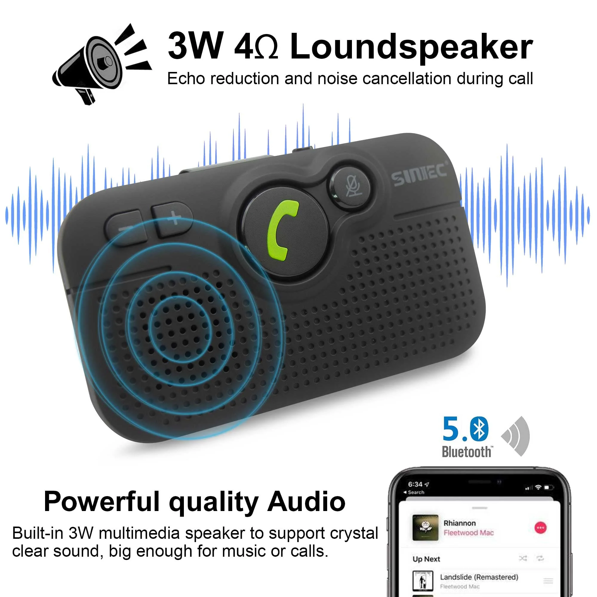 Bluetooth Car Speaker for Cell Phone, Handsfree Bluetooth Car Kit Motion AUTO ON Off Support Siri Voice Assistant Handsfree Speakerphone with Visor Clip - BC980P - Image 3