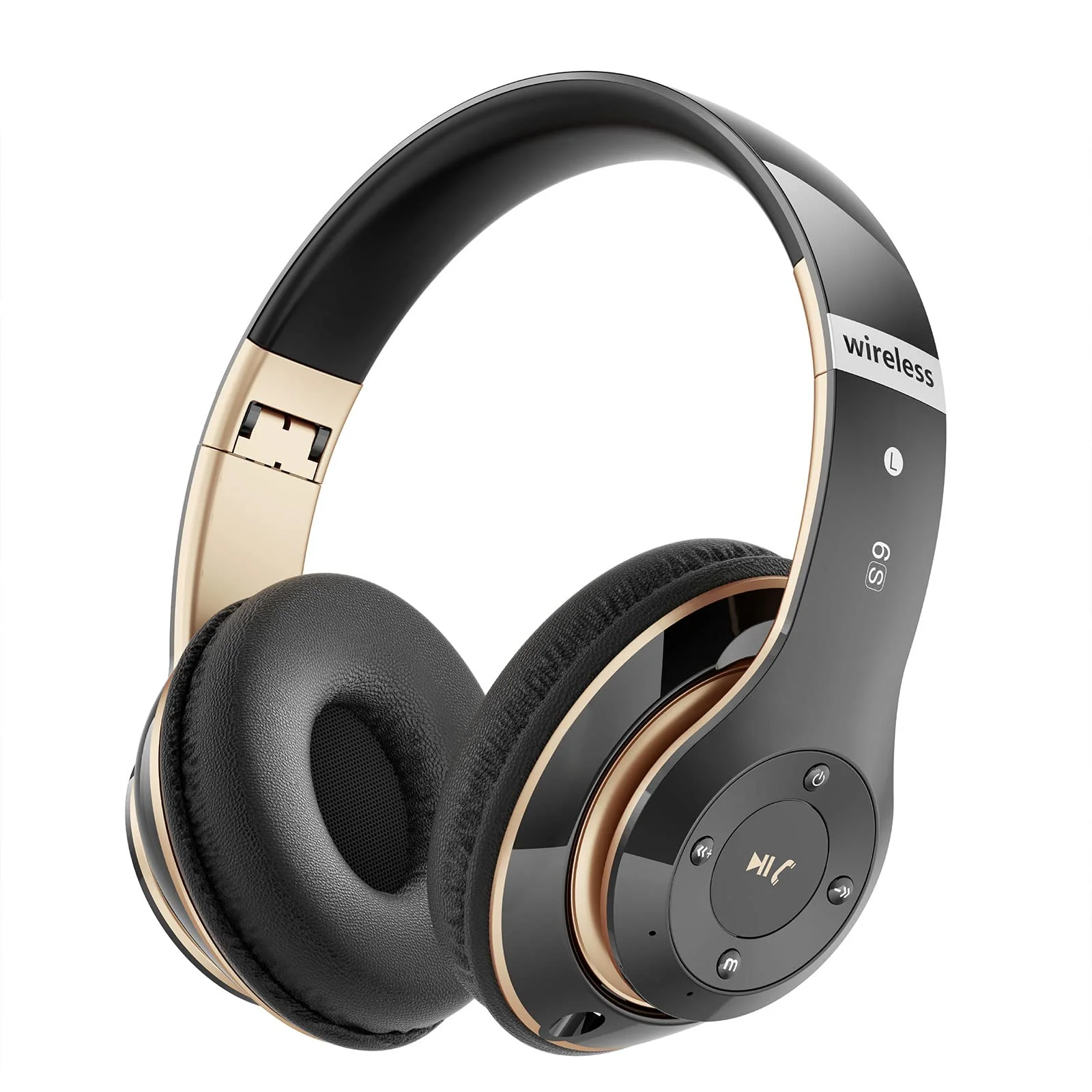 Bluetooth Headphones Over Ear, 6S Wireless Headphones Wired with 6 EQ Modes, 40 Hours Playtime Foldable HiFi Stereo Headset with Microphone, FM/TF for Cellphone/PC/Work (Black & Gold) Black & Gold