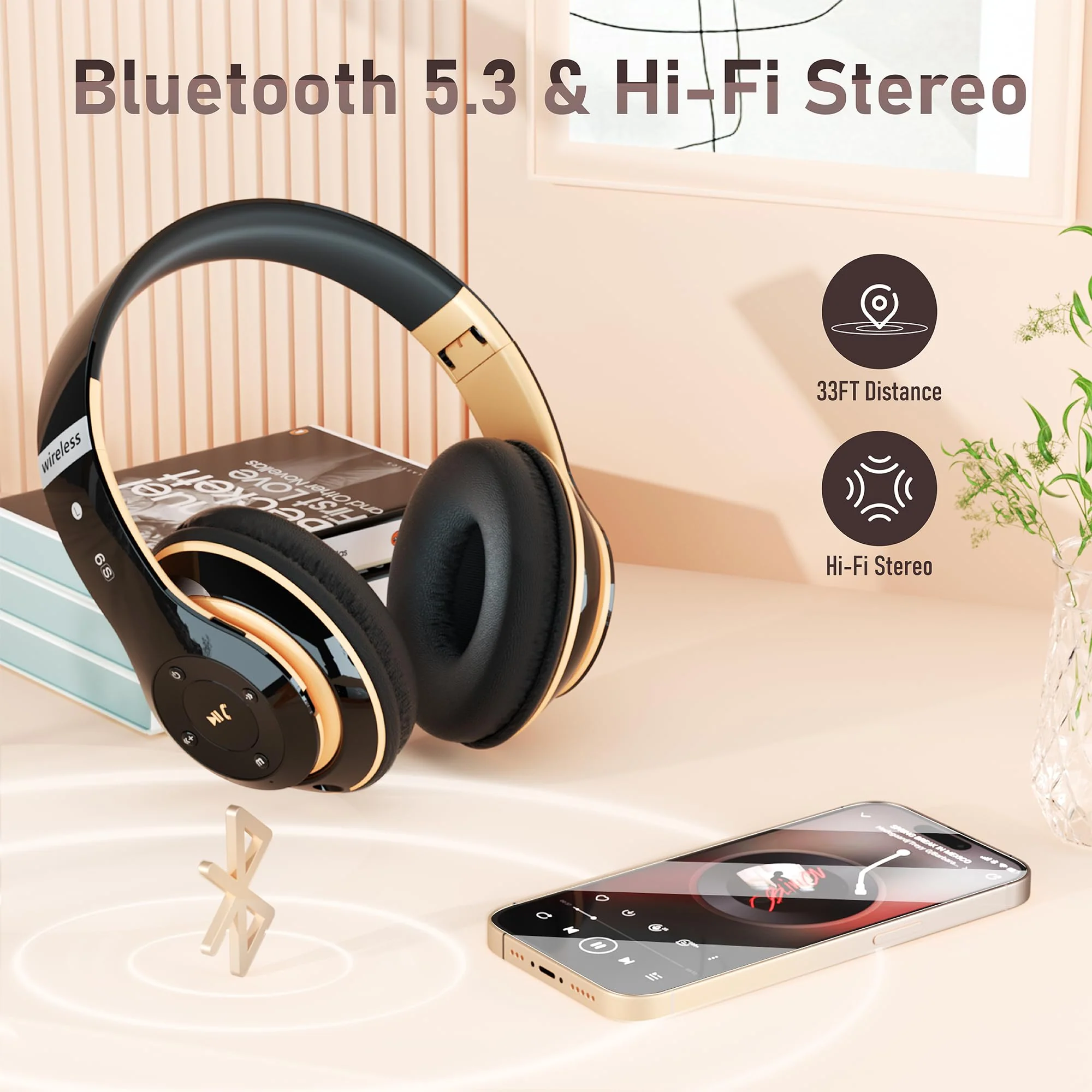 Bluetooth Headphones Over Ear, 6S Wireless Headphones Wired with 6 EQ Modes, 40 Hours Playtime Foldable HiFi Stereo Headset with Microphone, FM/TF for Cellphone/PC/Work (Black & Gold) Black & Gold - Image 6