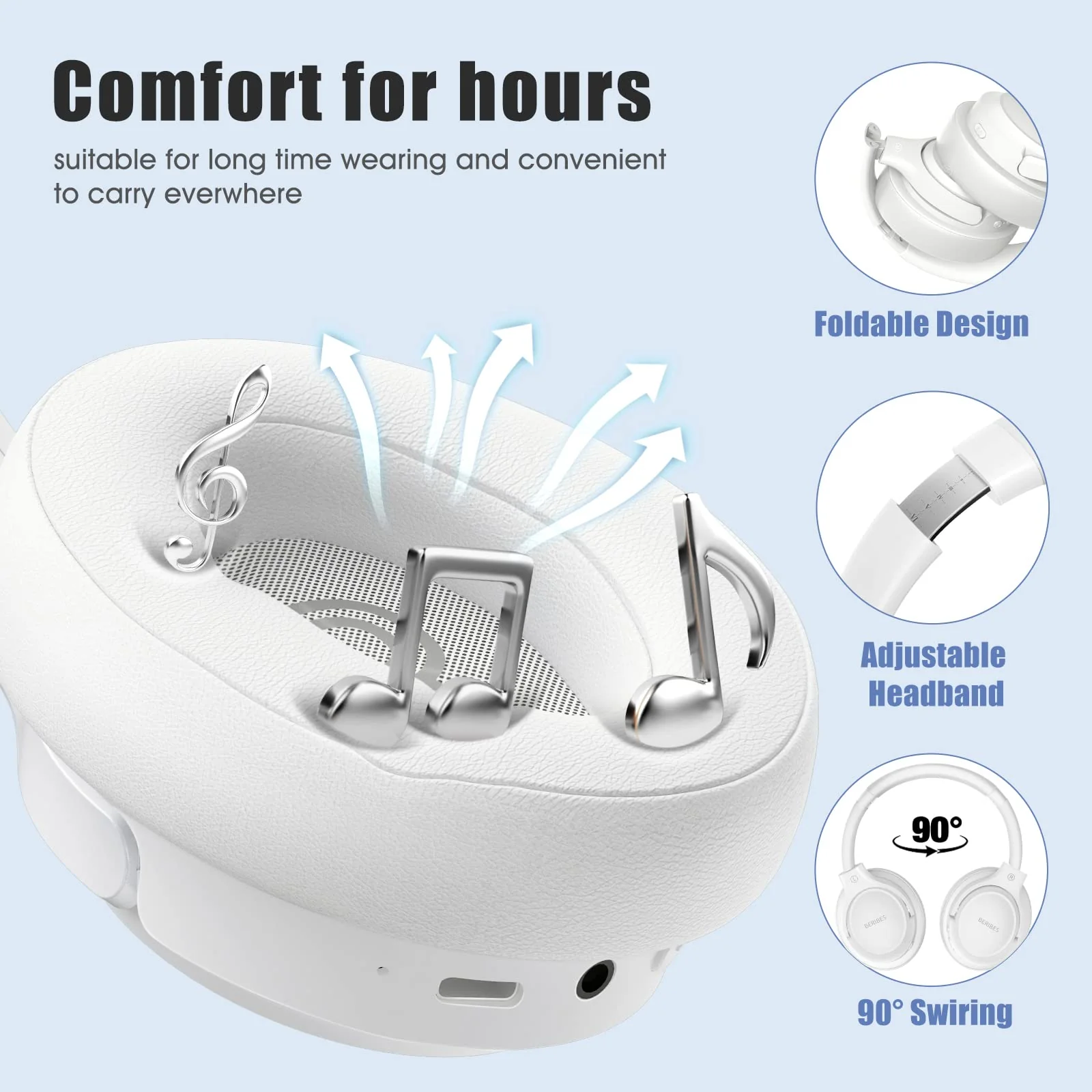 Bluetooth Headphones Over Ear,BERIBES 65H Playtime and 6 EQ Music Modes with Microphone,HiFi Stereo Foldable Lightweight Wireless Headset,Deep Bass for Home Office Cellphone PC Etc.(White) White - Image 4