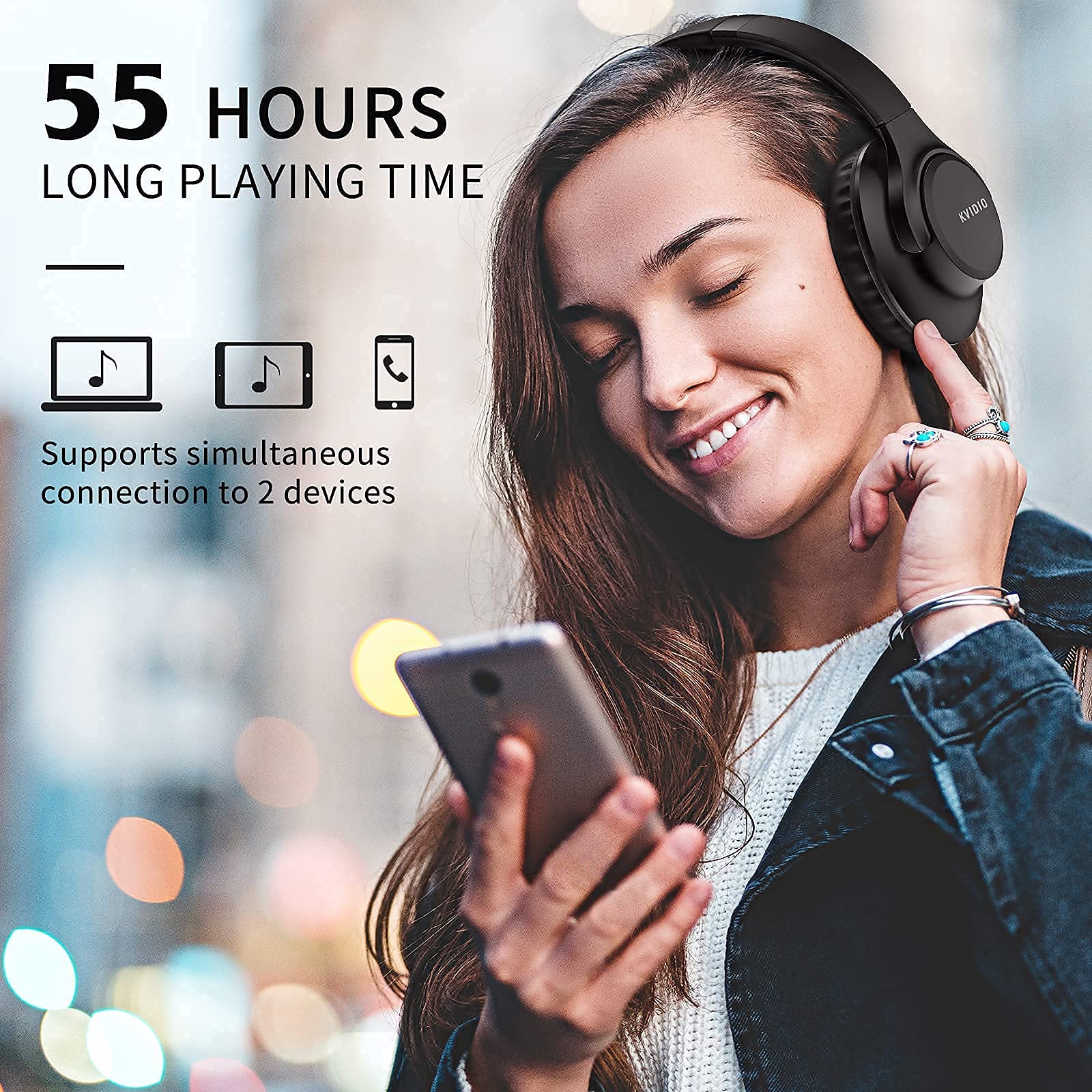Bluetooth Headphones Over Ear,KVIDIO 55 Hours Playtime Wireless Headphones with Microphone,Foldable Lightweight Headset with Deep Bass,HiFi Stereo Sound for Travel Work Laptop PC Cellphone Black - Image 3