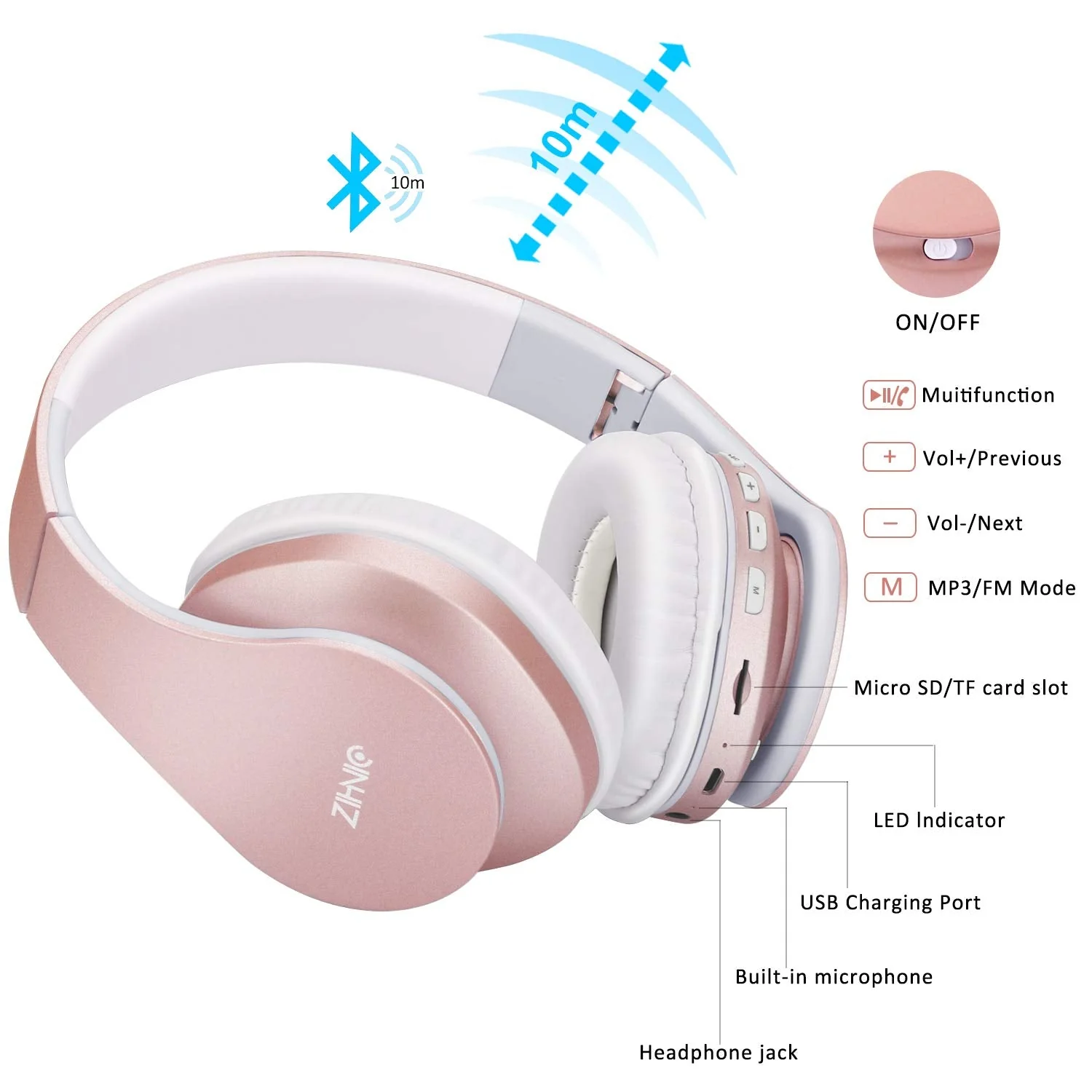 Bluetooth Headphones Over-Ear, Zihnic Foldable Wireless and Wired Stereo Headset Micro SD/TF, FM for Cell Phone,PC,Soft Earmuffs &Light Weight for Prolonged Wearing(Rose Gold) Rose Gold - Image 6