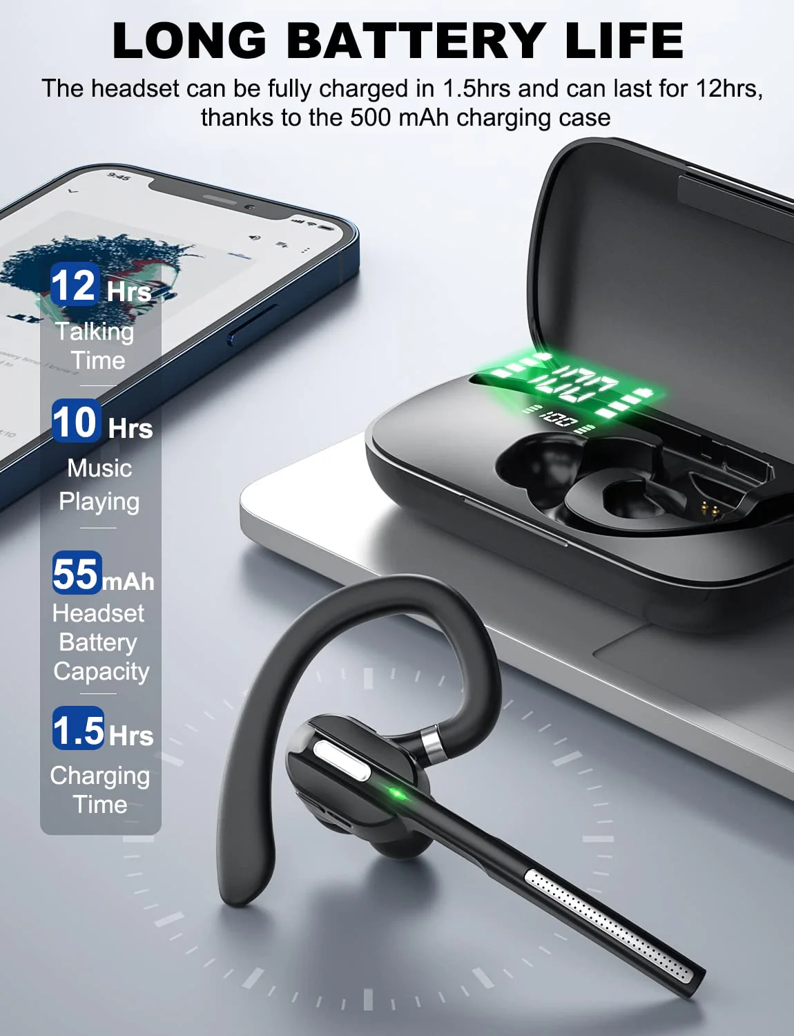 Bluetooth Headset V5.1, Wireless Headset with Battery Display Charging Case, Bluetooth Earpiece with Noise Canceling Mic for Driving, Office, Business, Compatible with Cell Phone and PC - Image 2