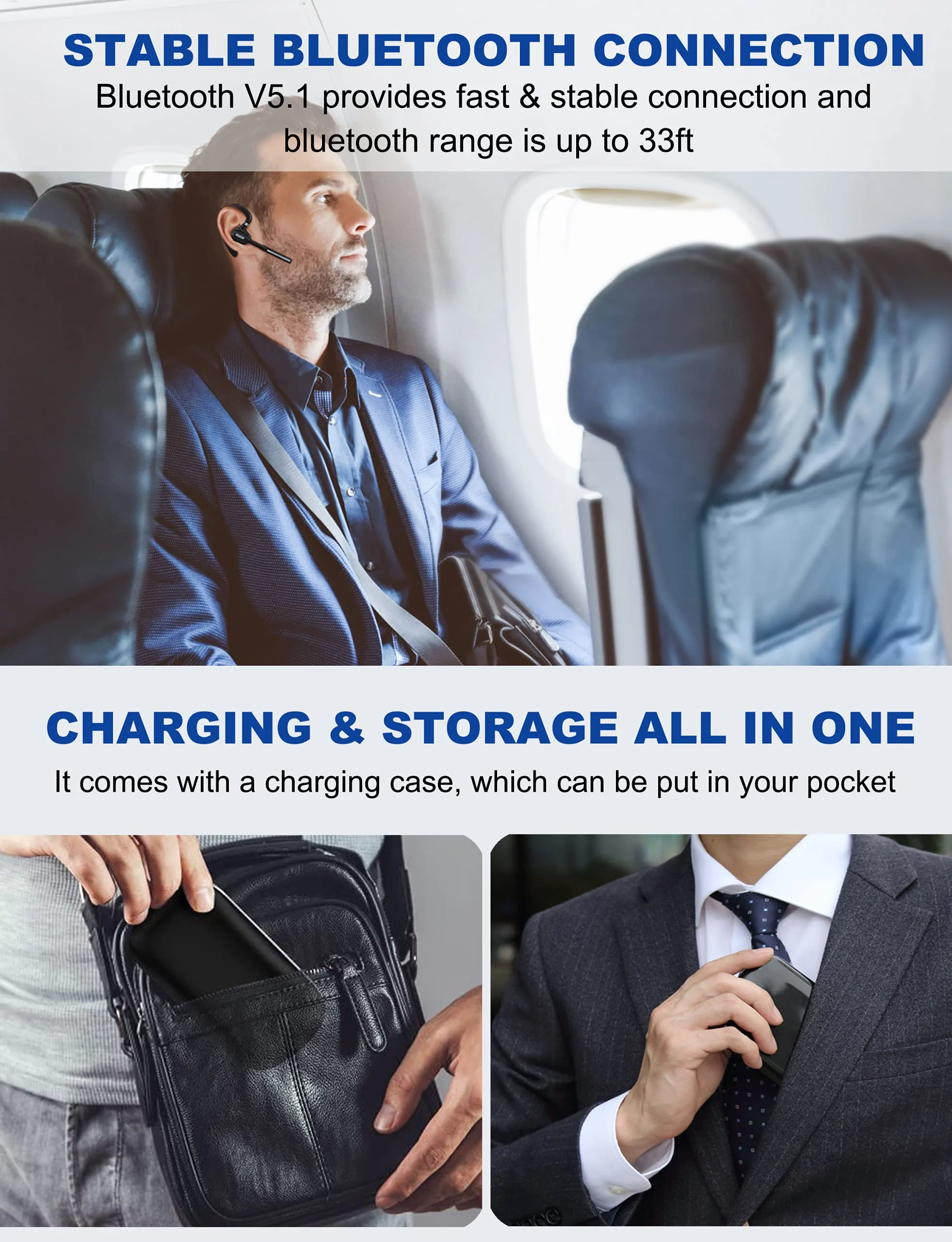Bluetooth Headset V5.1, Wireless Headset with Battery Display Charging Case, Bluetooth Earpiece with Noise Canceling Mic for Driving, Office, Business, Compatible with Cell Phone and PC - Image 7