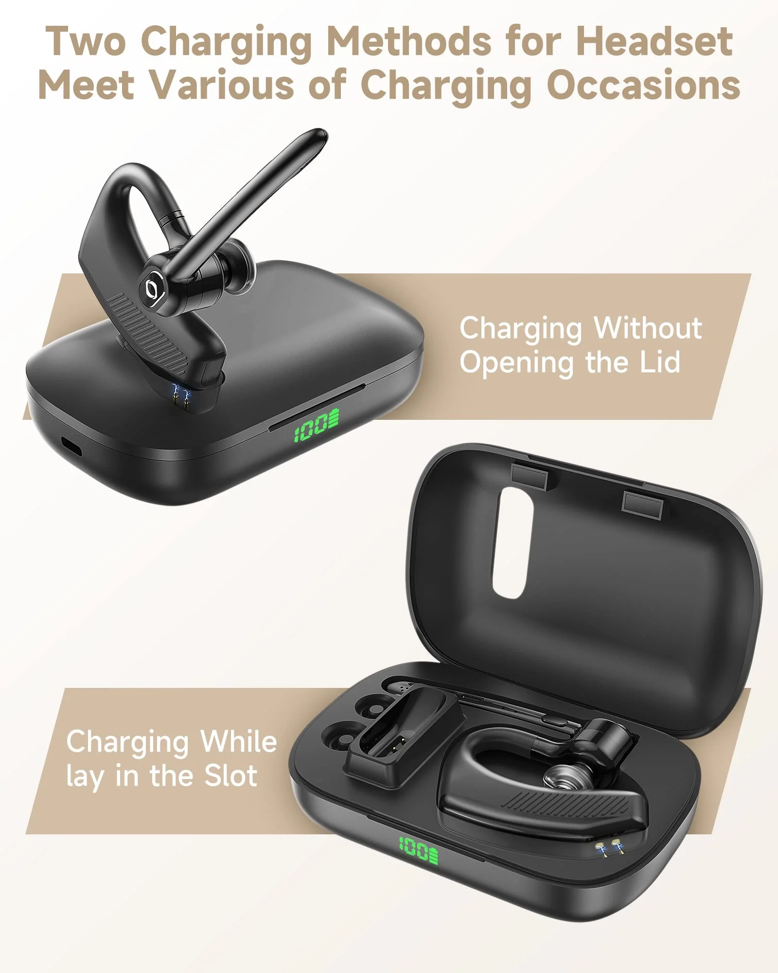 Bluetooth Headset Wireless Earpiece iPhone Android Wireless Charging Case Microphone Earpiece Handsfree Single Ear Headset LED Digital Display Phones Computer Work 180H Playtime 1000mAh Drivers - Image 2