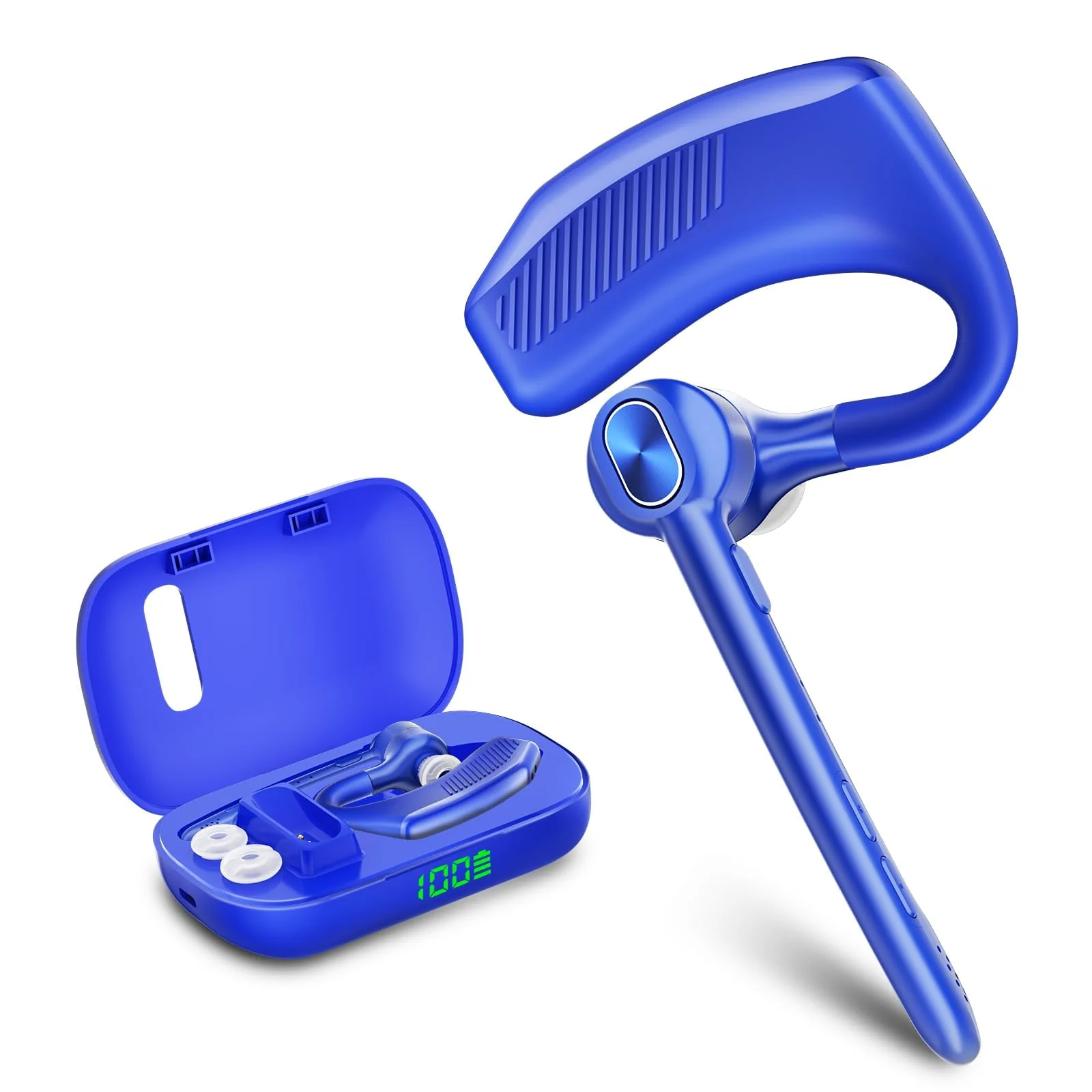Bluetooth Headset Wireless Earpiece Microphone 180H Playtime 1000mAh Wireless Charging Case Handsfree Single Ear Headset LED Display for iPhone Android Cellphones PC Computer Trucker Drivers Work Game Blue