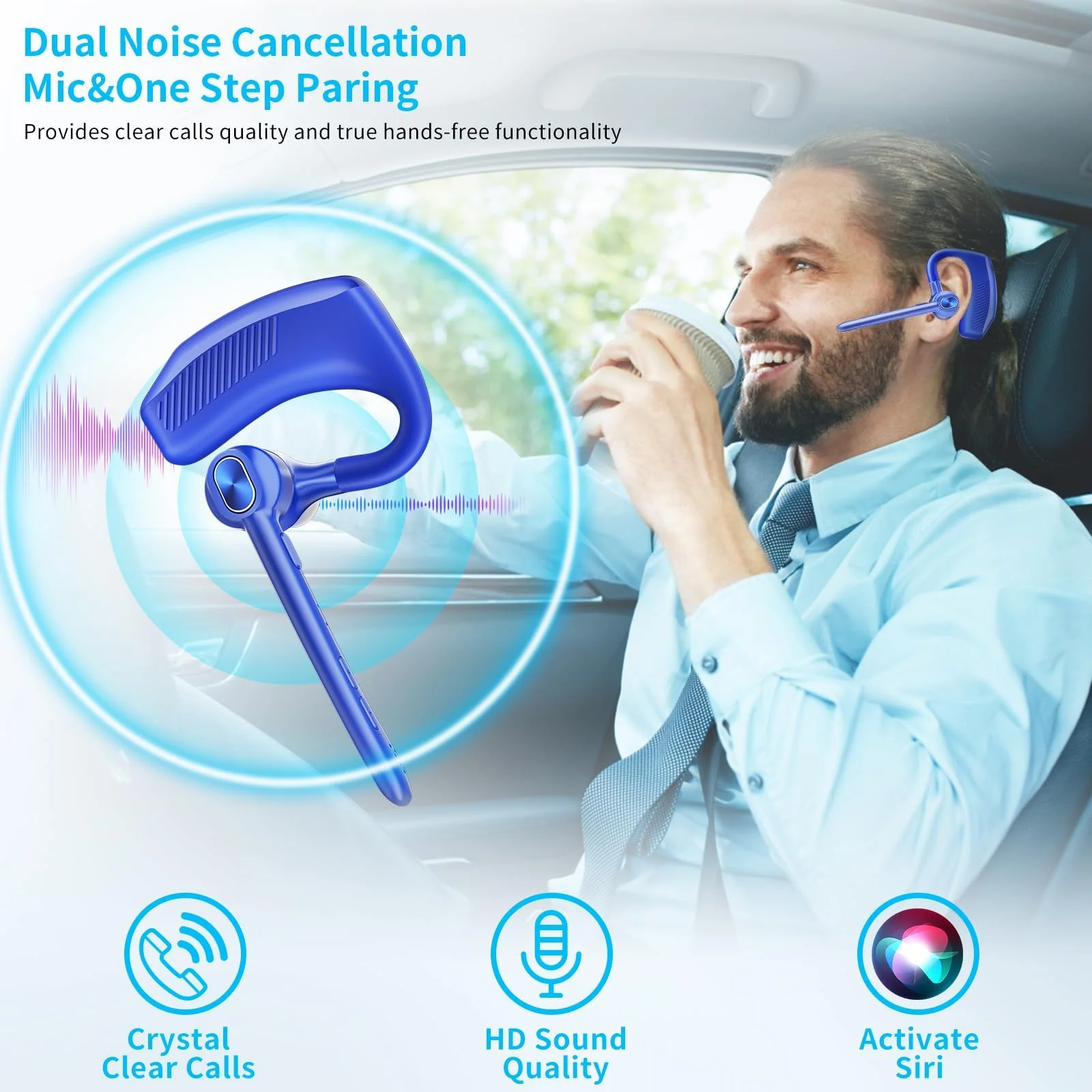 Bluetooth Headset Wireless Earpiece Microphone 180H Playtime 1000mAh Wireless Charging Case Handsfree Single Ear Headset LED Display for iPhone Android Cellphones PC Computer Trucker Drivers Work Game Blue - Image 6