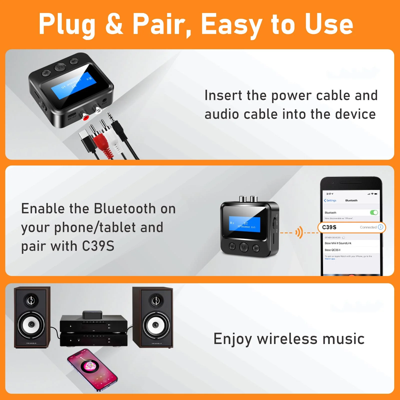 Bluetooth Receiver for Old Stereo, 3.5mm AUX Bluetooth Audio Adapter for Stereo Receiver Wired Speakers Home Theater Amplifier, with RCA L/R 3.5mm Jack Low Latency for Music Streaming, TF Card Play - Image 5