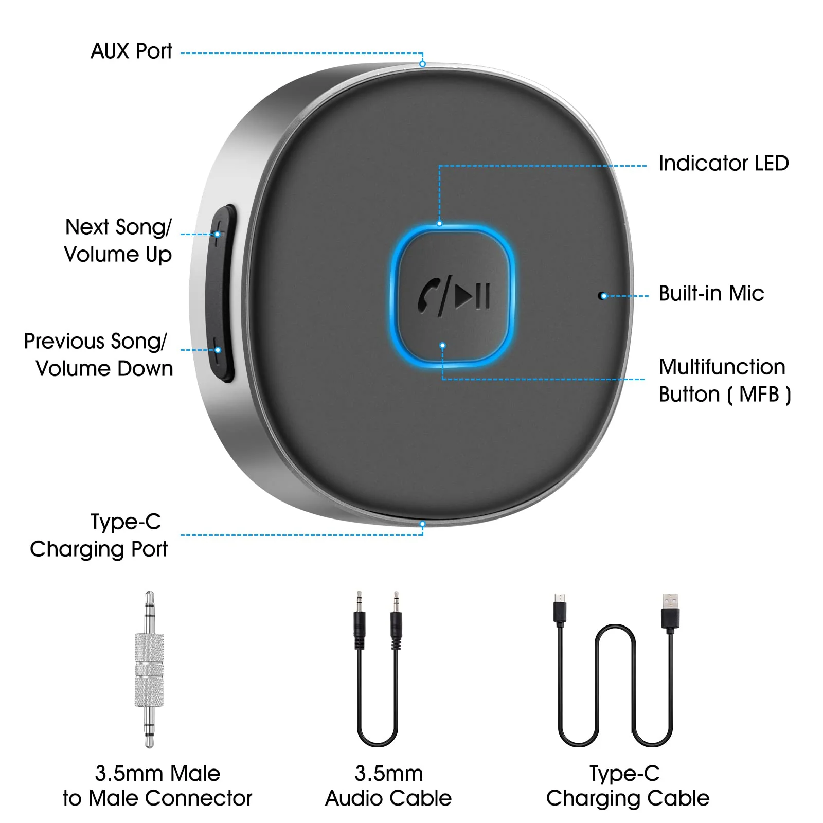 Bluetooth Receiver, LAICOMEIN Bluetooth Aux Receiver, Portable 3.5mm Aux Car Adapter, Bluetooth 5.0 Wireless Audio Receiver for Car/Home Stereo/Wired Headphones/Speaker, 16H Battery Life - Image 2