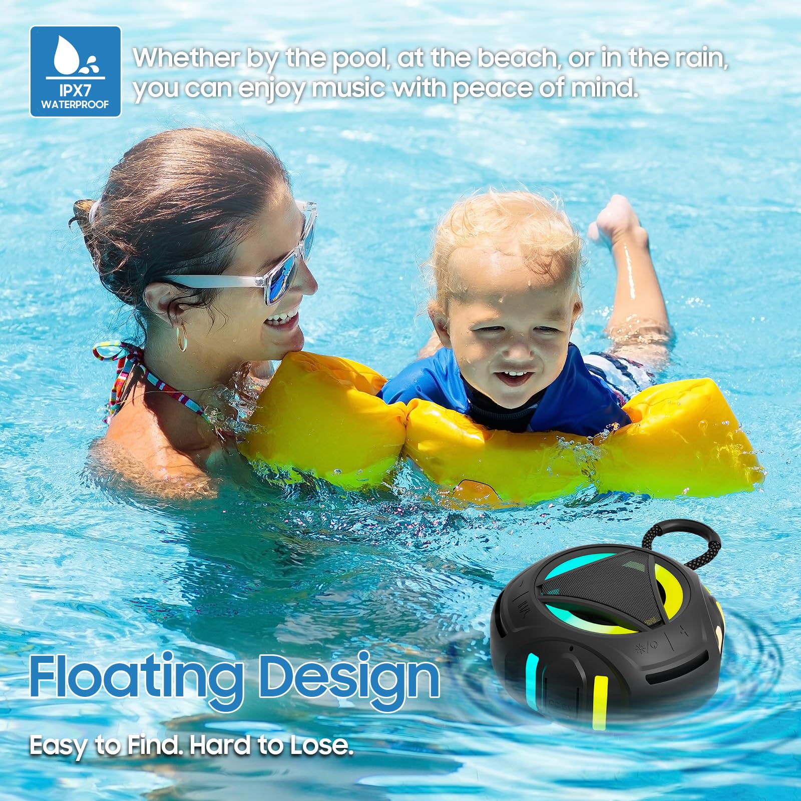 Bluetooth Shower Speake Waterproof,Portable Outdoor Bluetooth Speake with RGB Lights,IPX67 Floating,Built-in Mic,24Hrs Playtime,True Wireless Stereo,Gifts for Teens Boy Girls Women Men - Black - Image 2