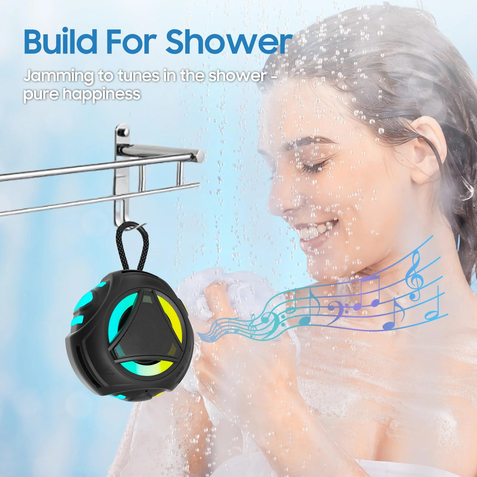 Bluetooth Shower Speake Waterproof,Portable Outdoor Bluetooth Speake with RGB Lights,IPX67 Floating,Built-in Mic,24Hrs Playtime,True Wireless Stereo,Gifts for Teens Boy Girls Women Men - Black - Image 3