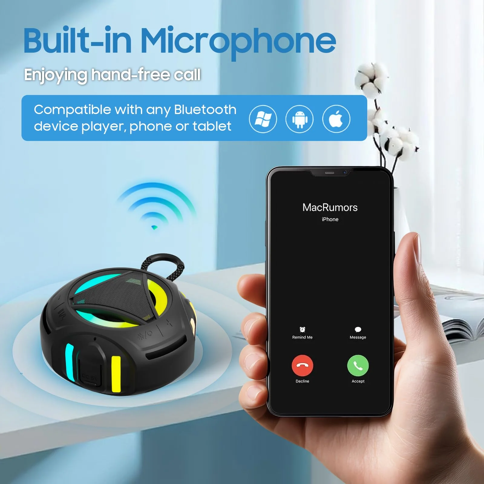 Bluetooth Shower Speake Waterproof,Portable Outdoor Bluetooth Speake with RGB Lights,IPX67 Floating,Built-in Mic,24Hrs Playtime,True Wireless Stereo,Gifts for Teens Boy Girls Women Men - Black - Image 5