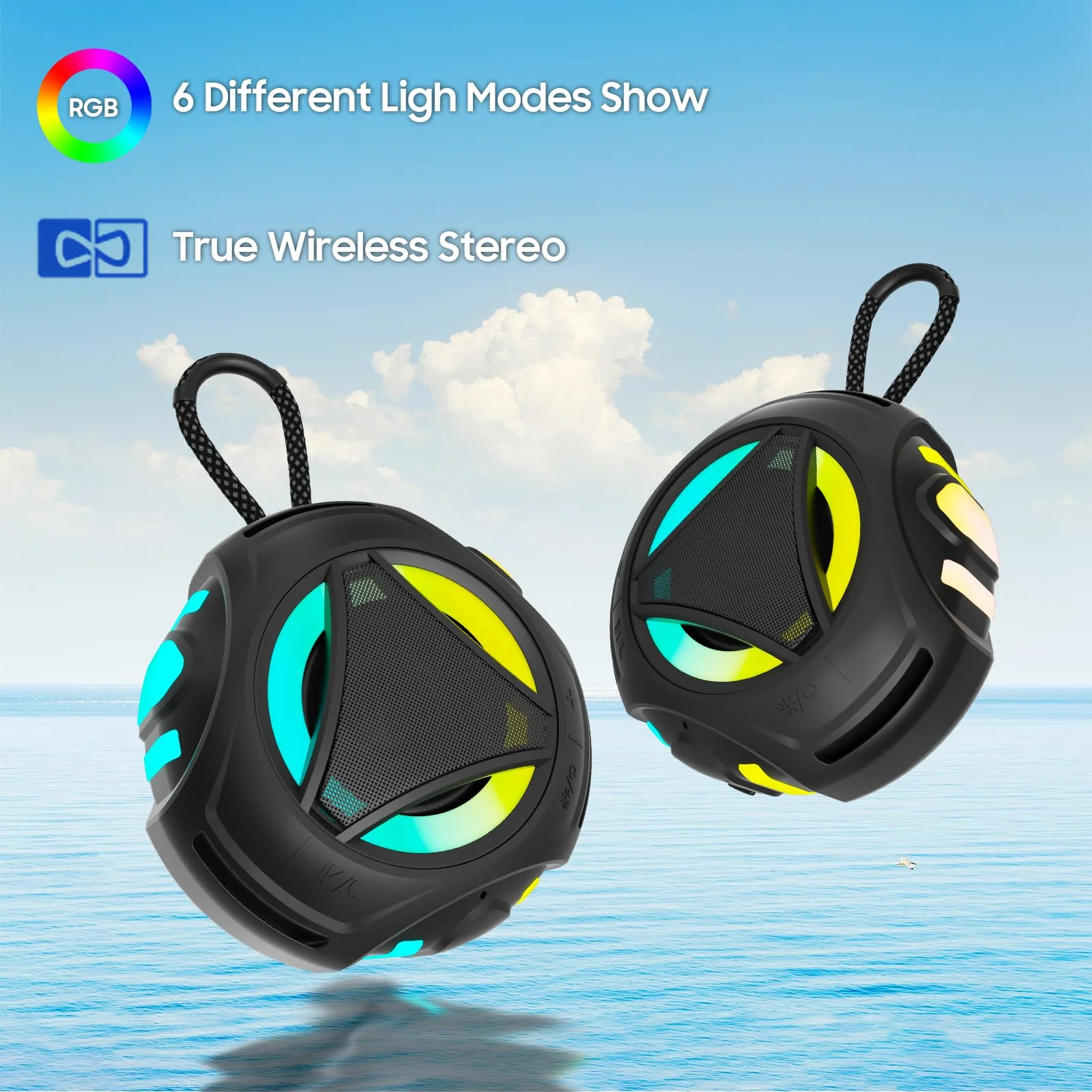Bluetooth Shower Speake Waterproof,Portable Outdoor Bluetooth Speake with RGB Lights,IPX67 Floating,Built-in Mic,24Hrs Playtime,True Wireless Stereo,Gifts for Teens Boy Girls Women Men - Black - Image 6