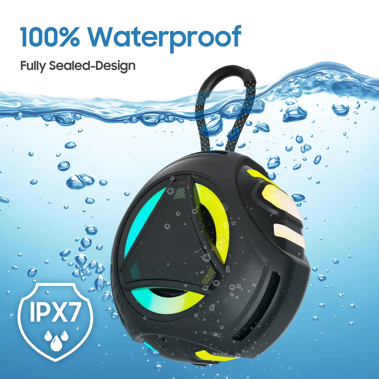 Bluetooth Shower Speake Waterproof,Portable Outdoor Bluetooth Speake with RGB Lights,IPX67 Floating,Built-in Mic,24Hrs Playtime,True Wireless Stereo,Gifts for Teens Boy Girls Women Men - Black - Image 7