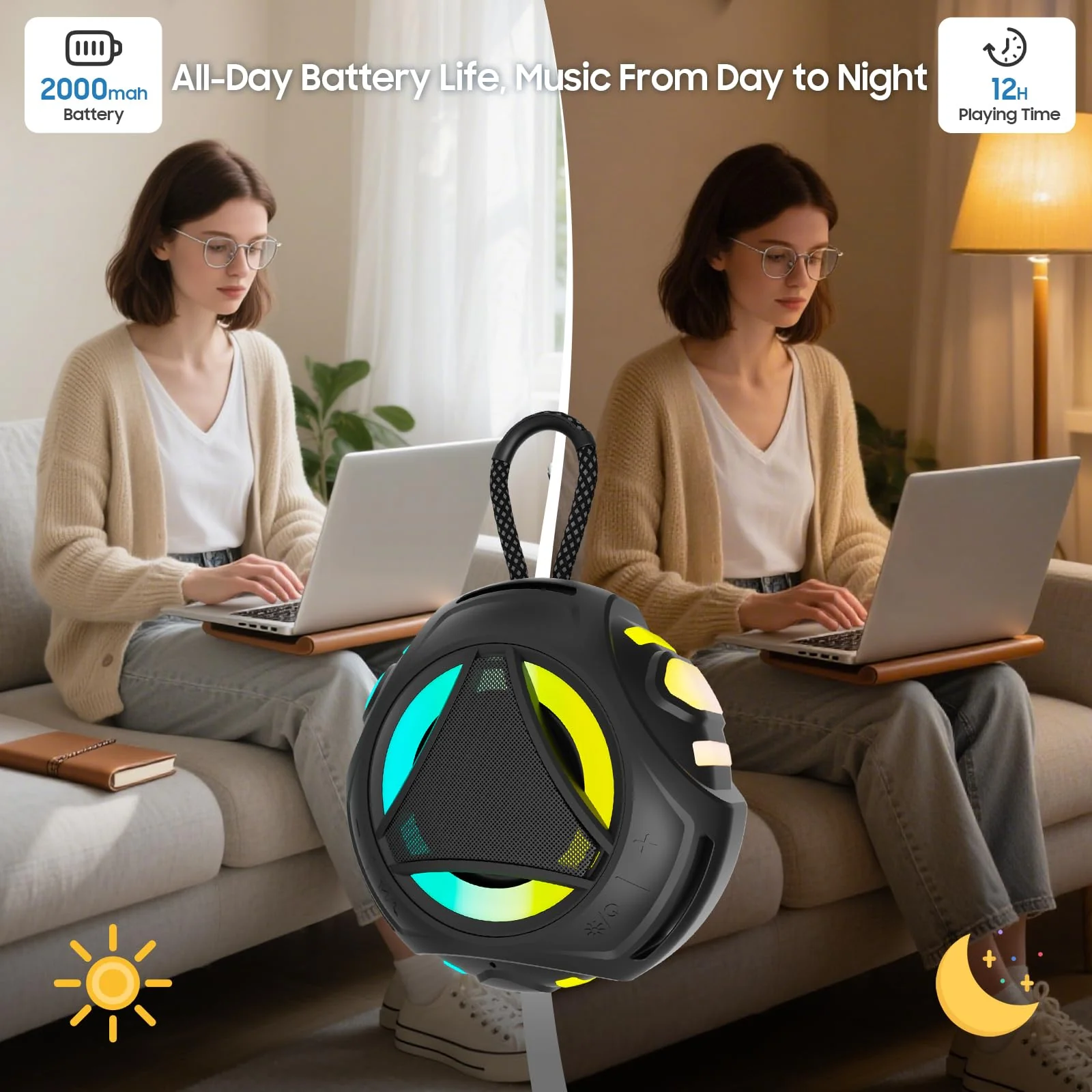 Bluetooth Shower Speake Waterproof,Portable Outdoor Bluetooth Speake with RGB Lights,IPX67 Floating,Built-in Mic,24Hrs Playtime,True Wireless Stereo,Gifts for Teens Boy Girls Women Men - Black - Image 8