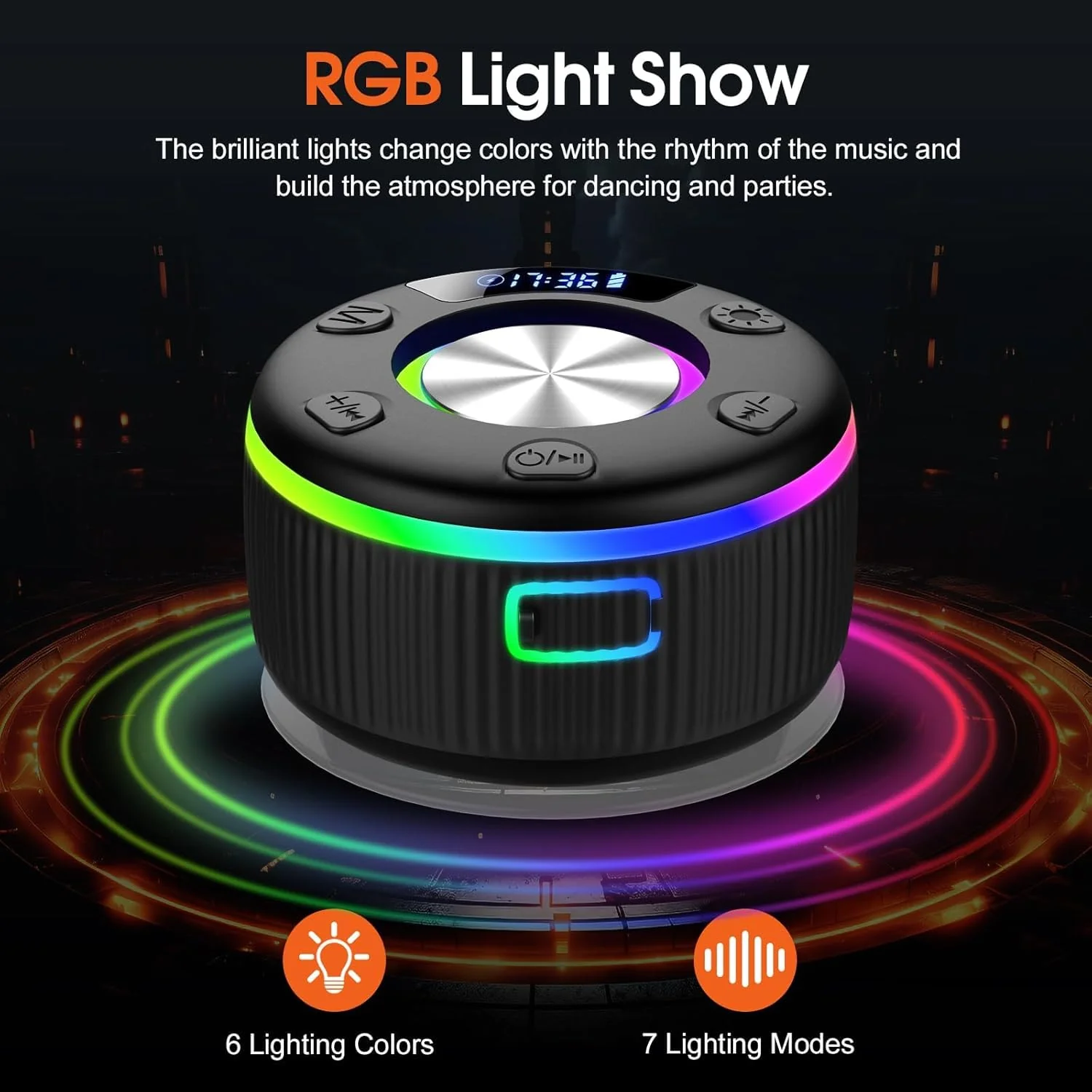Bluetooth Shower Speaker, IP7 Waterproof Portable Bluetooth 5.3 Speakers with Suction Cup, Mini Wireless Speaker with RGB Lights Time Display, Loud Stereo Sound for Bathroom Beach Outdoor Party Gift Sleek Black - Image 3