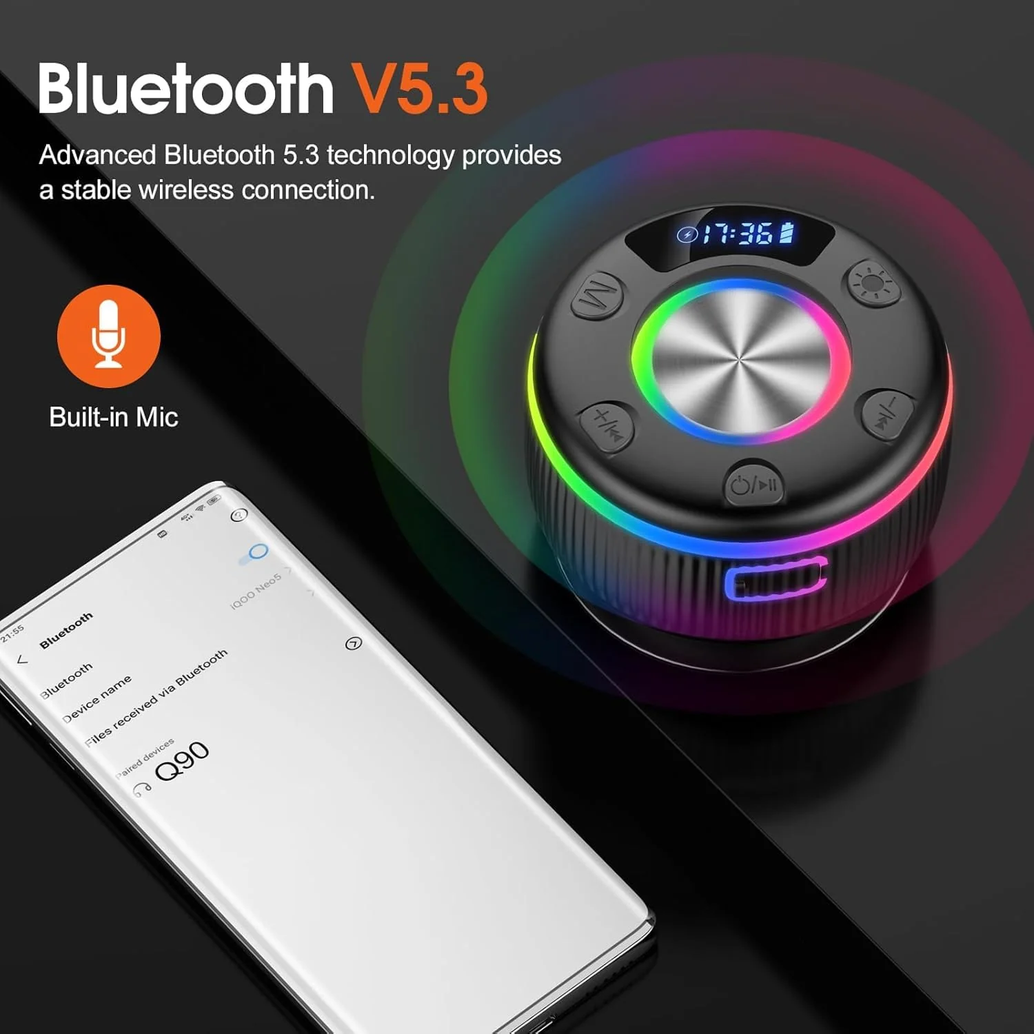 Bluetooth Shower Speaker, IP7 Waterproof Portable Bluetooth 5.3 Speakers with Suction Cup, Mini Wireless Speaker with RGB Lights Time Display, Loud Stereo Sound for Bathroom Beach Outdoor Party Gift Sleek Black - Image 4