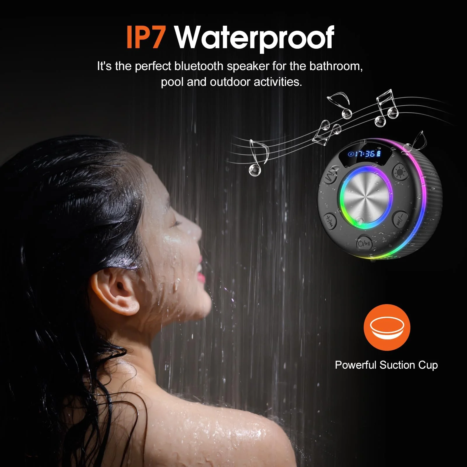 Bluetooth Shower Speaker, IP7 Waterproof Portable Bluetooth 5.3 Speakers with Suction Cup, Mini Wireless Speaker with RGB Lights Time Display, Loud Stereo Sound for Bathroom Beach Outdoor Party Gift Sleek Black - Image 5