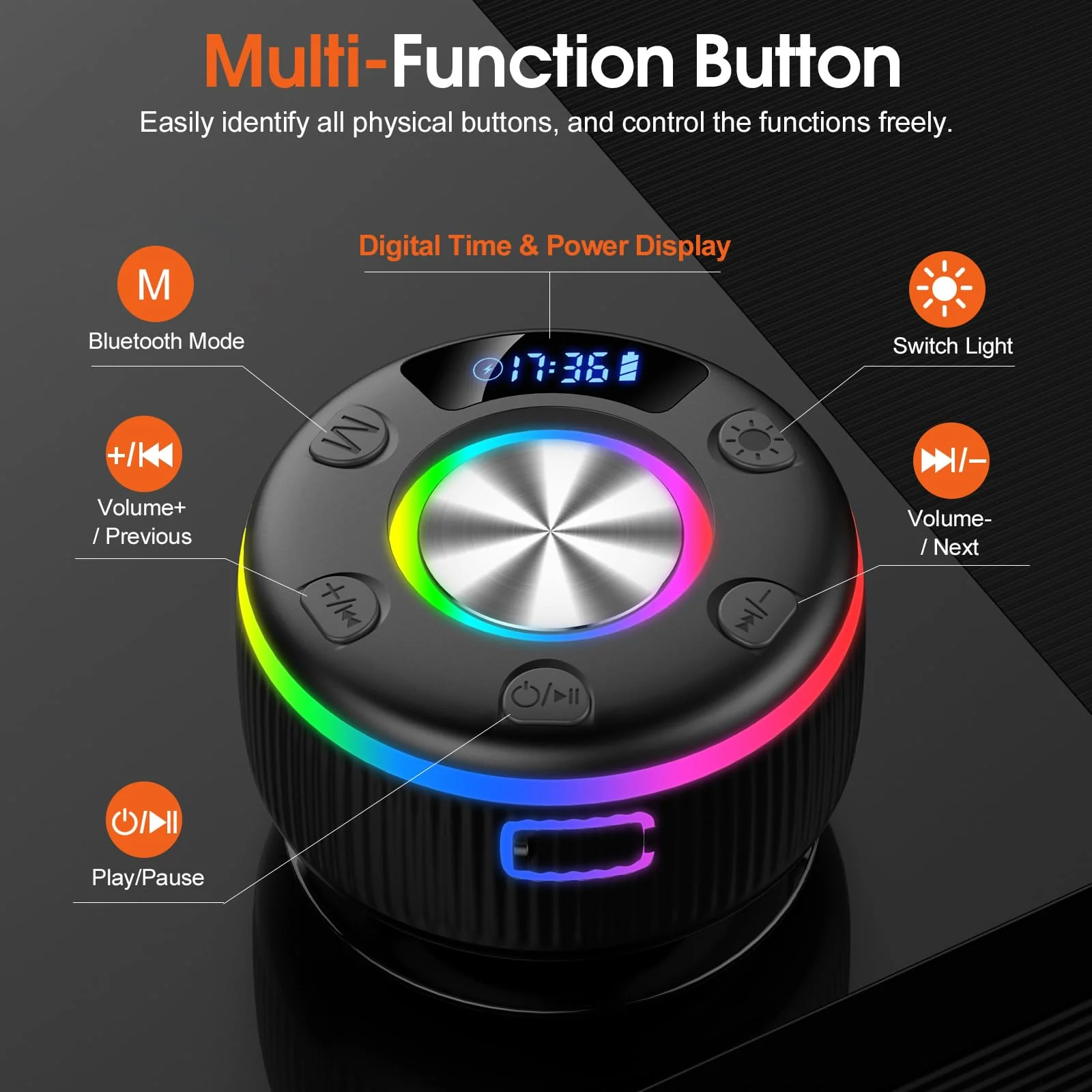Bluetooth Shower Speaker, Portable Bluetooth 5.3 Speakers Wireless with Time Display, IP7 Waterproof Speakers with RGB Light, Suction Cup, Mini Stereo Speaker for Bathroom Party Travel Beach Outdoor Jet Black - Image 2