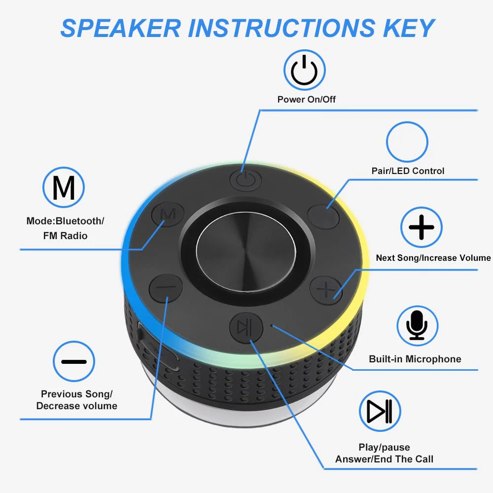 Bluetooth Shower Speaker, Portable Speaker Bluetooth 5.3 with Suction Cup, Wireless Speakers Waterproof IP7, RGB Lights, Built-in Mic, Small Speakers for Bathroom, Party, Beach, Pool 2025 new, Black - Image 6