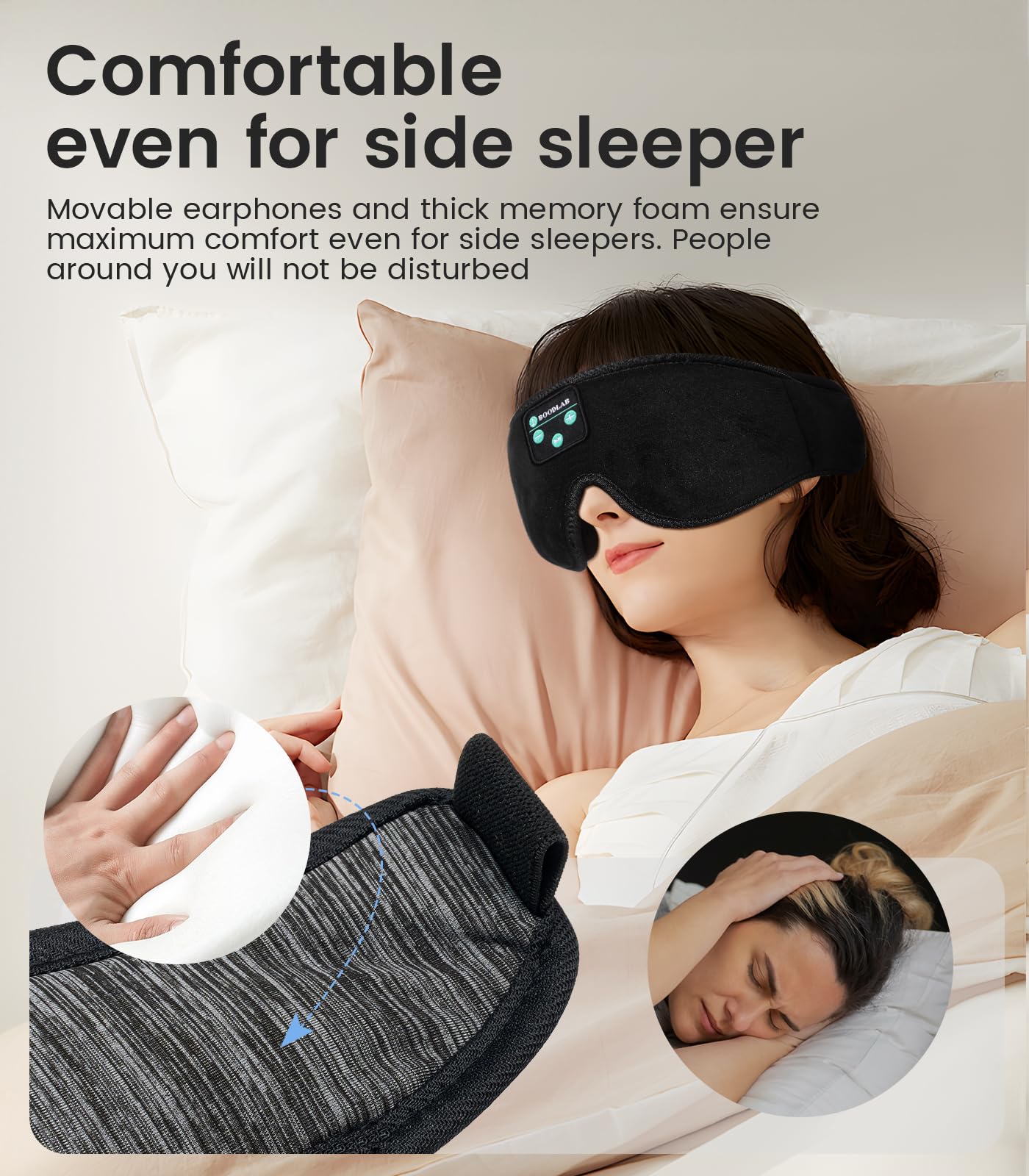 Bluetooth Sleep Mask, Boodlab Sleep Mask with Bluetooth Headphones, Sleeping Headphones for Side Sleepers Travel Yoga, Cool Tech Gadgets Unique Gift for Valentine's Mother's Day Birthday Christmas Black Gray - Image 3