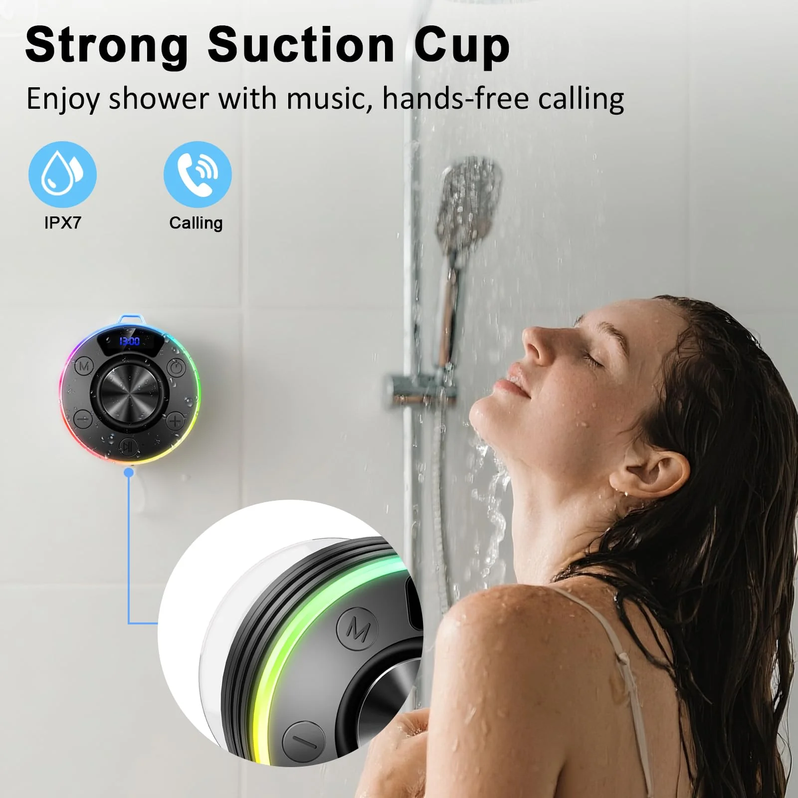 Bluetooth Speaker, Shower Speaker Stereo Sound, IPX7 Waterproof Speakers Bluetooth Wireless with RGB Light, Suction Cup, Hook, Digital Display, Portable Speakers for Gift Bathroom Party Beach, Black - Image 2