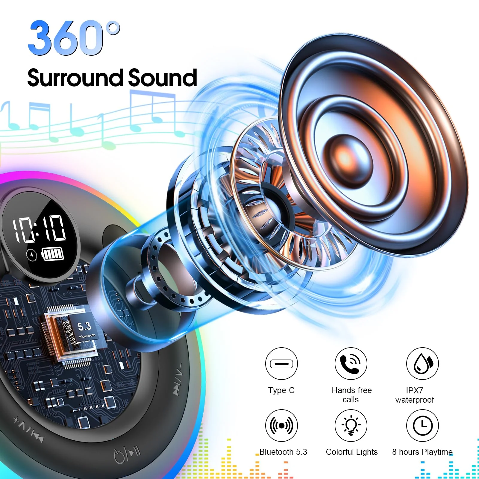 Bluetooth Speaker, Shower Speaker Stereo Sound, IPX7 Waterproof Speakers, Digital Display Portable Speaker with Suction Cup, LED Light, Small Wireless Speakers for Outdoor Party Beach Bathroom, Black - Image 2