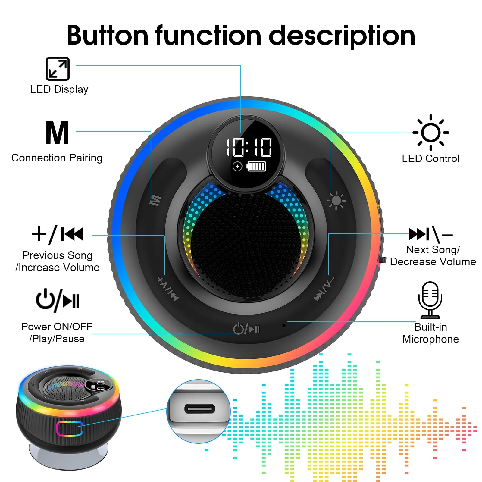 Bluetooth Speaker, Shower Speaker Stereo Sound, IPX7 Waterproof Speakers, Digital Display Portable Speaker with Suction Cup, LED Light, Small Wireless Speakers for Outdoor Party Beach Bathroom, Black - Image 3