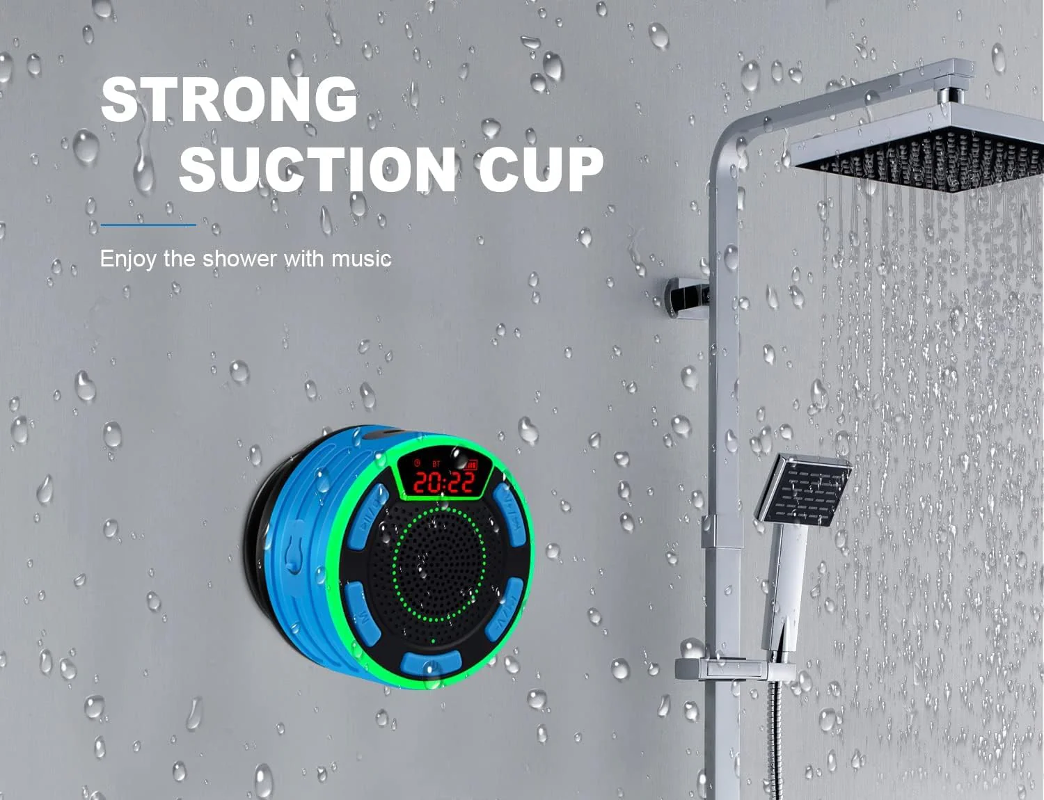 Bluetooth Speakers, DuoTen IPX7 Waterproof Wireless Portable Bluetooth Speakers w/LED Display, FM Radio, Suction Cup, Light Show, Loud Stereo Sound and Bass for Shower, Pool, Party, Travel, Outdoors - Image 3